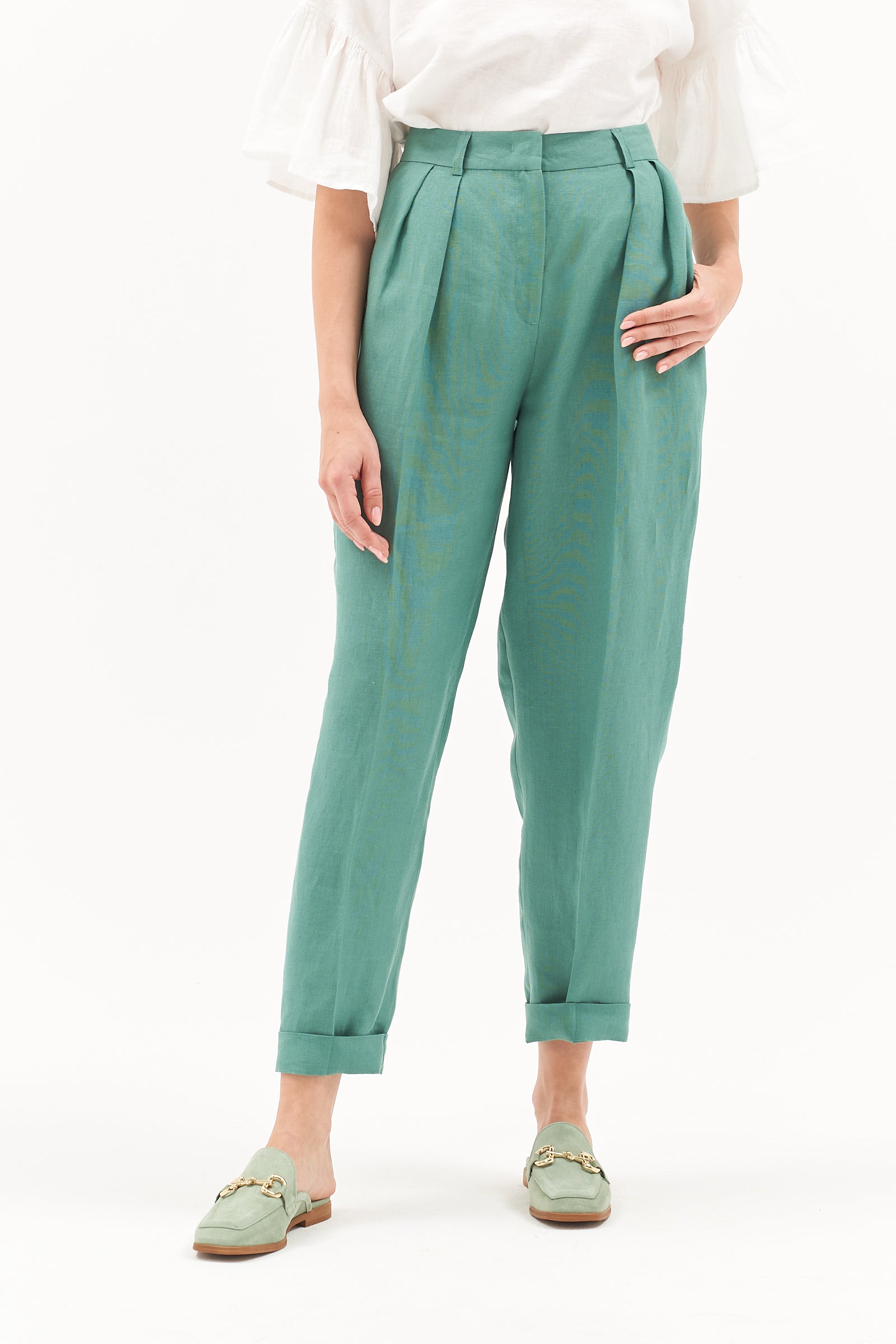 HIGH WAIST LINEN TROUSERS JADE