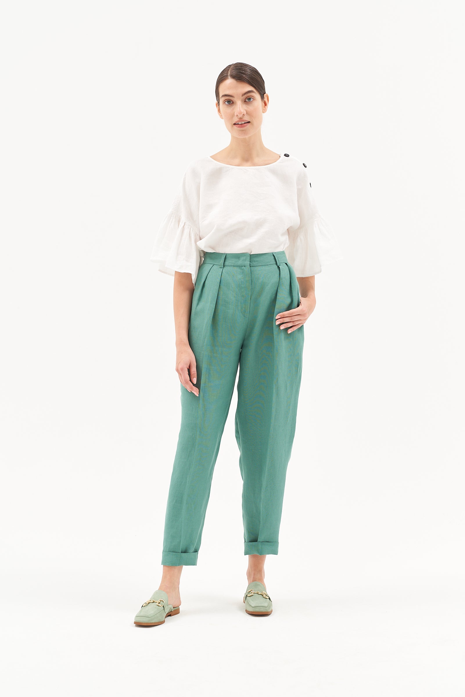 HIGH WAIST LINEN TROUSERS JADE