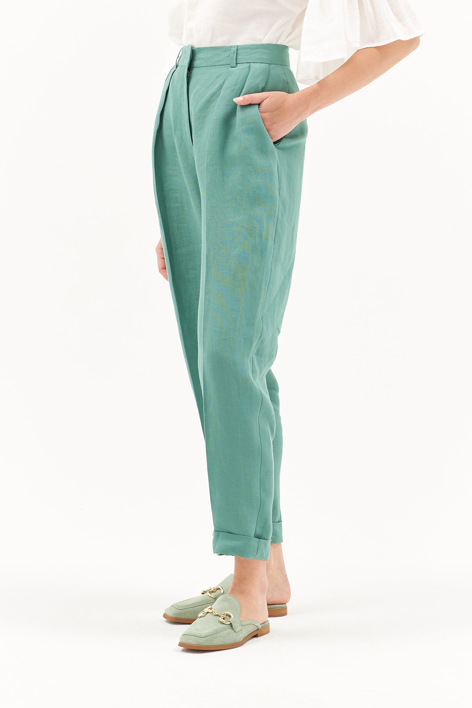 HIGH WAIST LINEN TROUSERS JADE