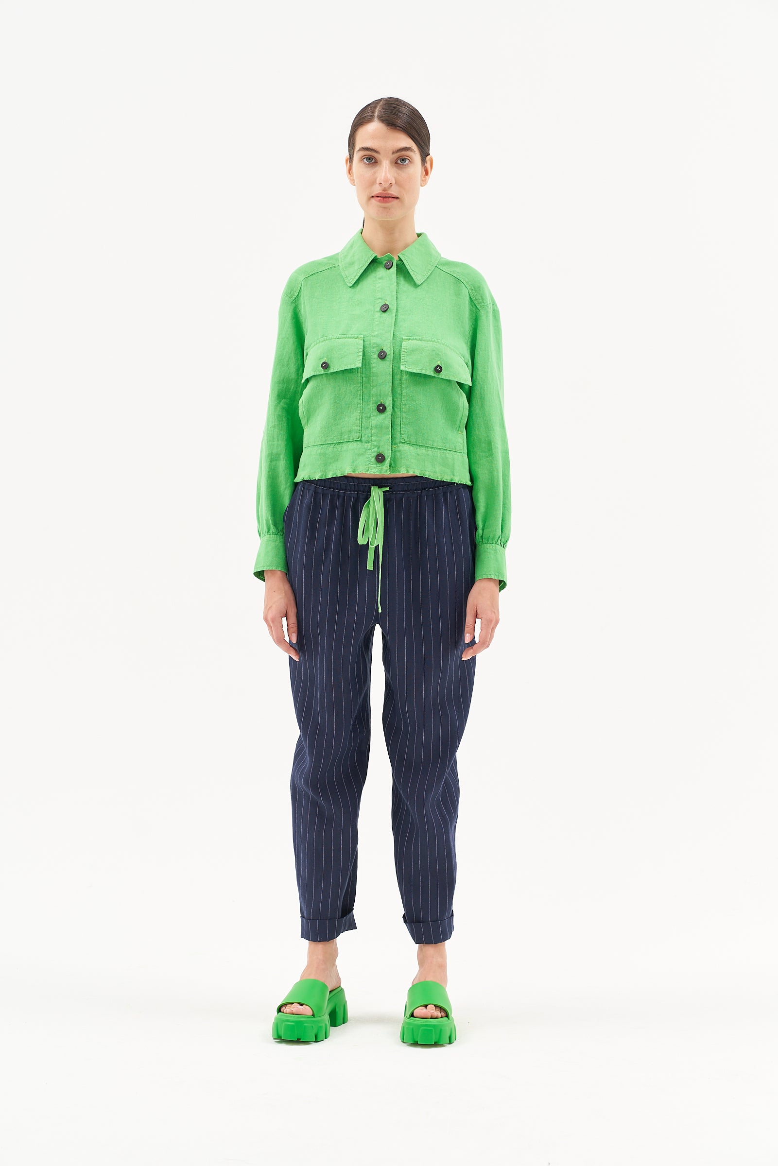 LINEN RICH TRAPERED ANKLE GLAZER TROUSERS IN NAVY