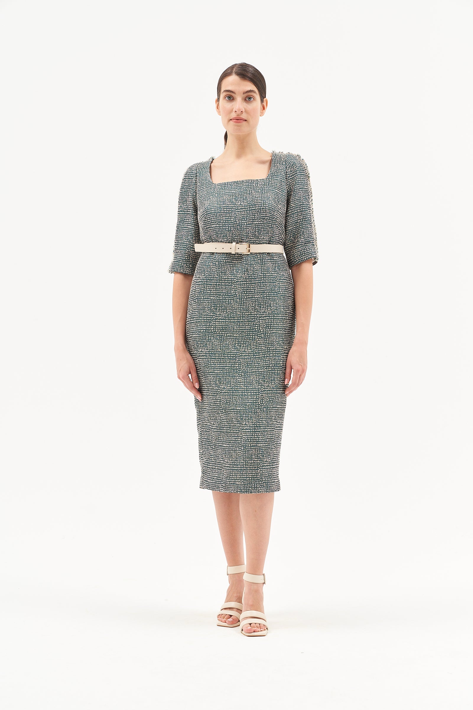 ELBOW LENGTH SLEEVES MIDI DRESS EVERGREEN