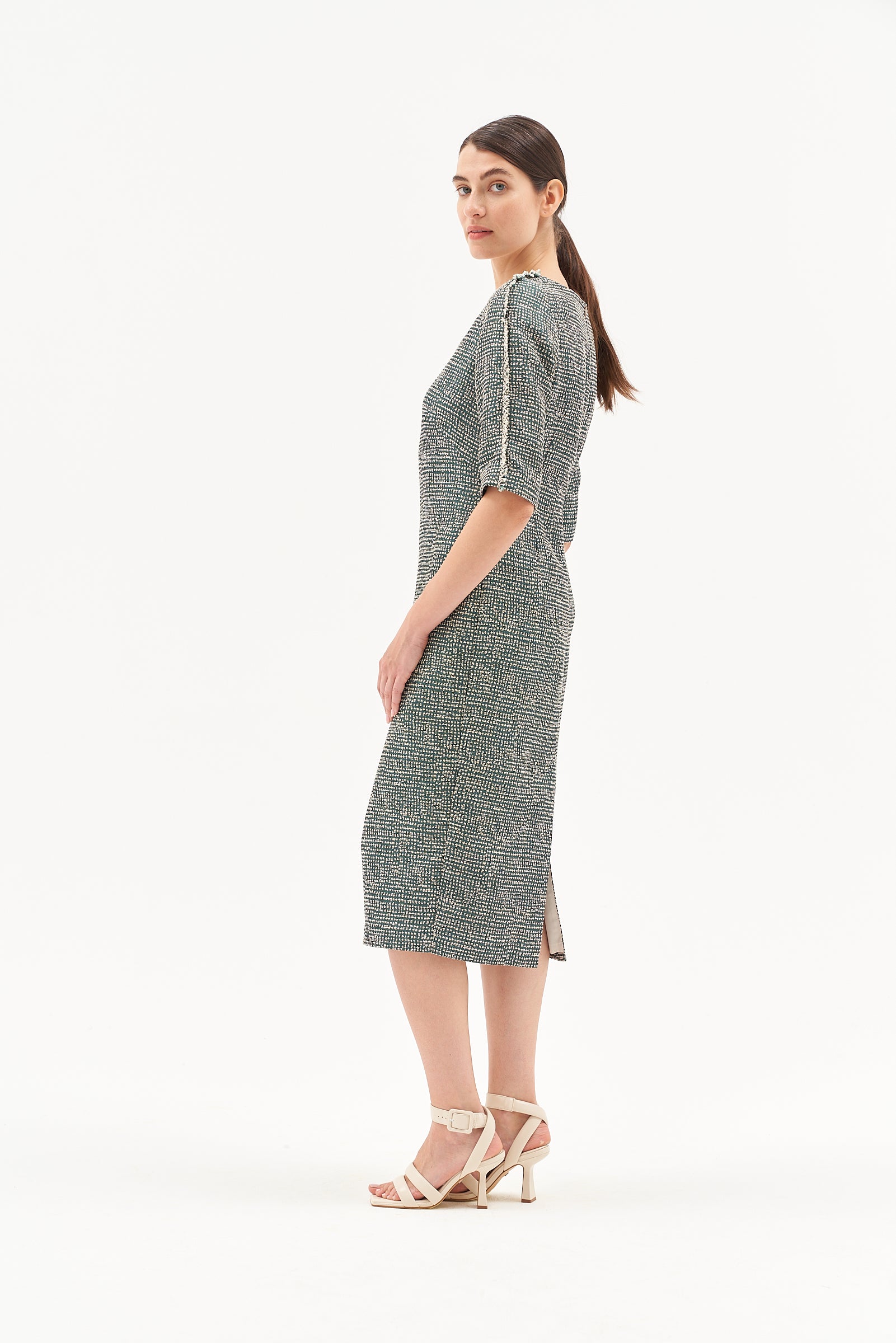 ELBOW LENGTH SLEEVES MIDI DRESS EVERGREEN
