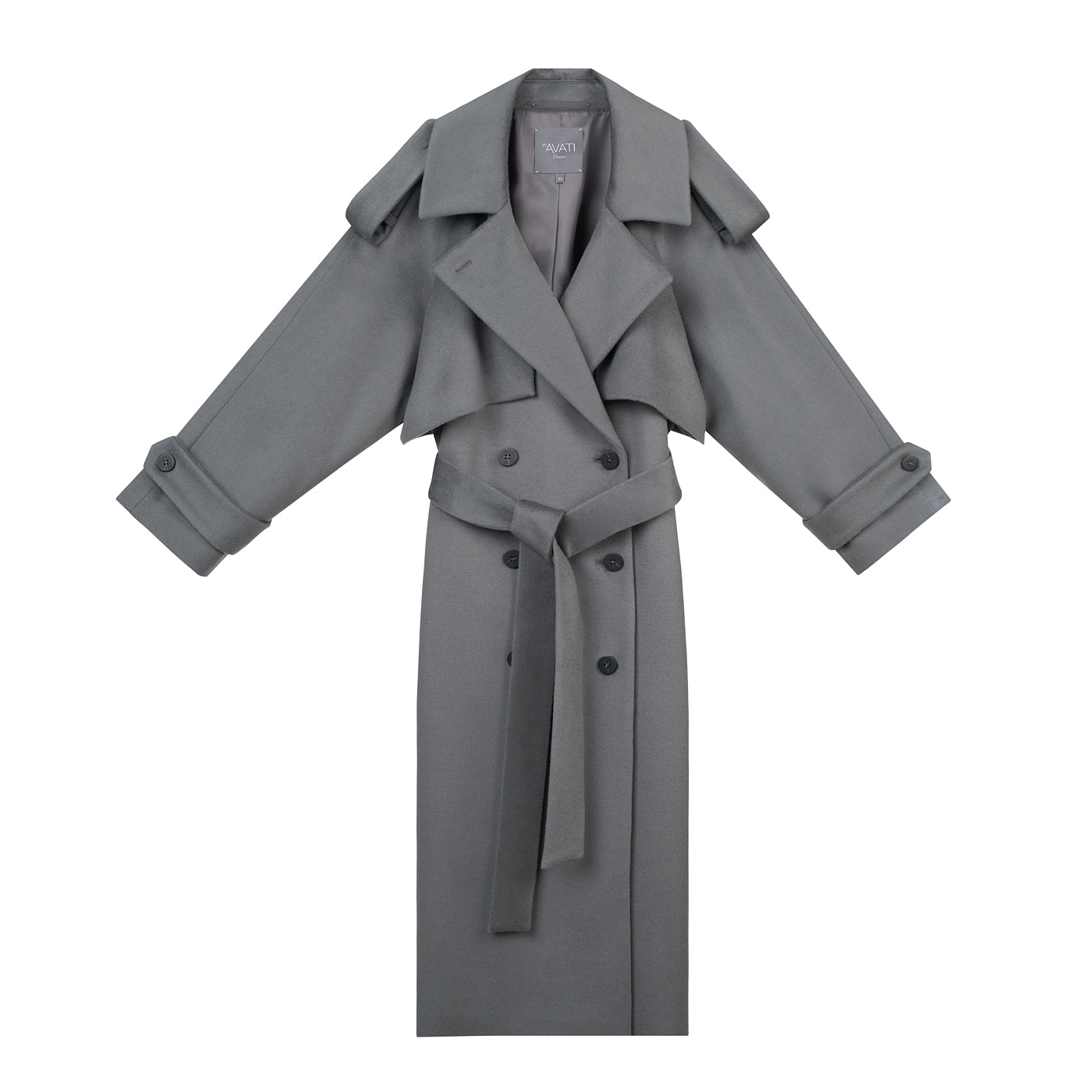 LONG BELTED LIGHT GREY WOOL COAT