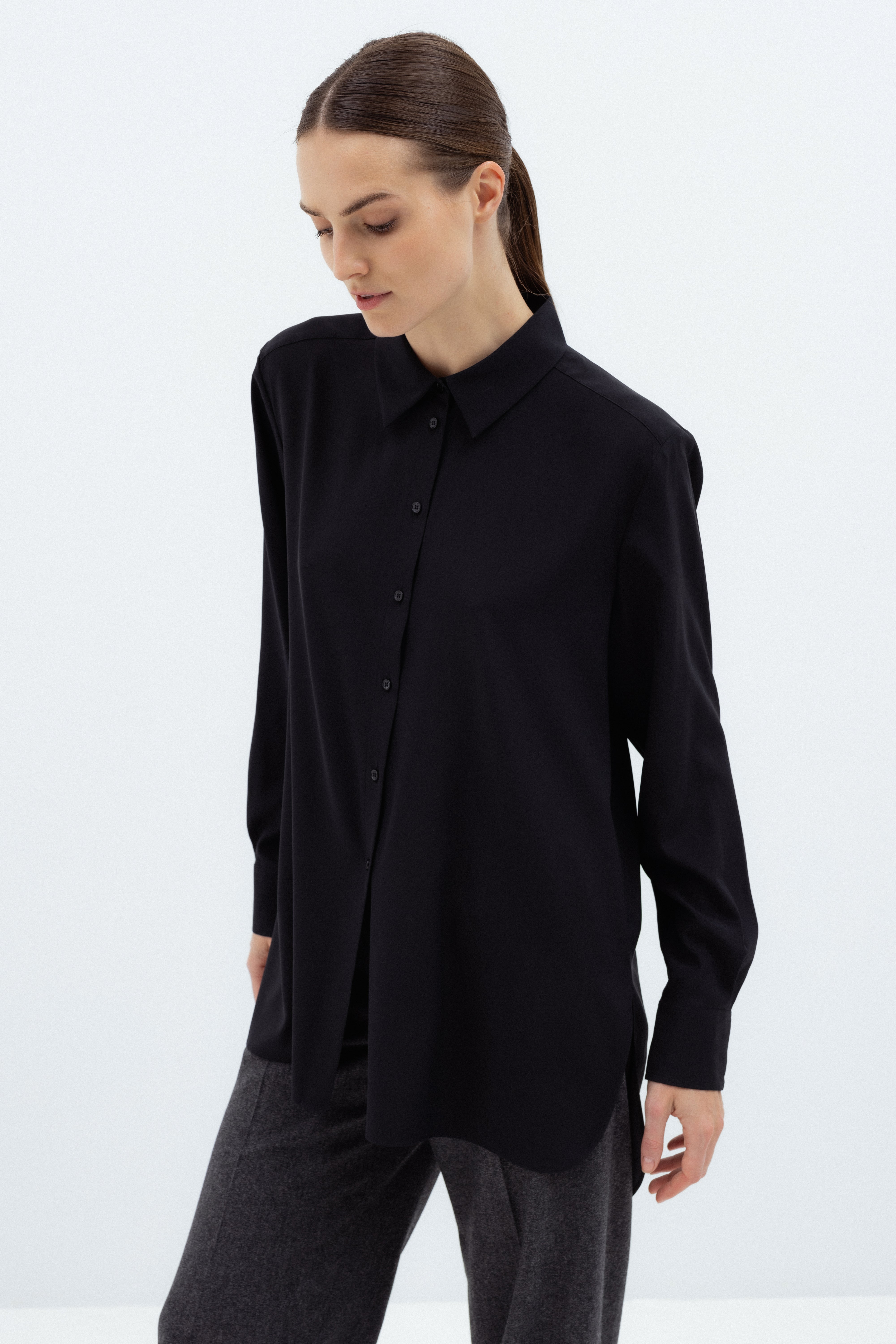 SILK BLACK HIGH-LOW SHIRT