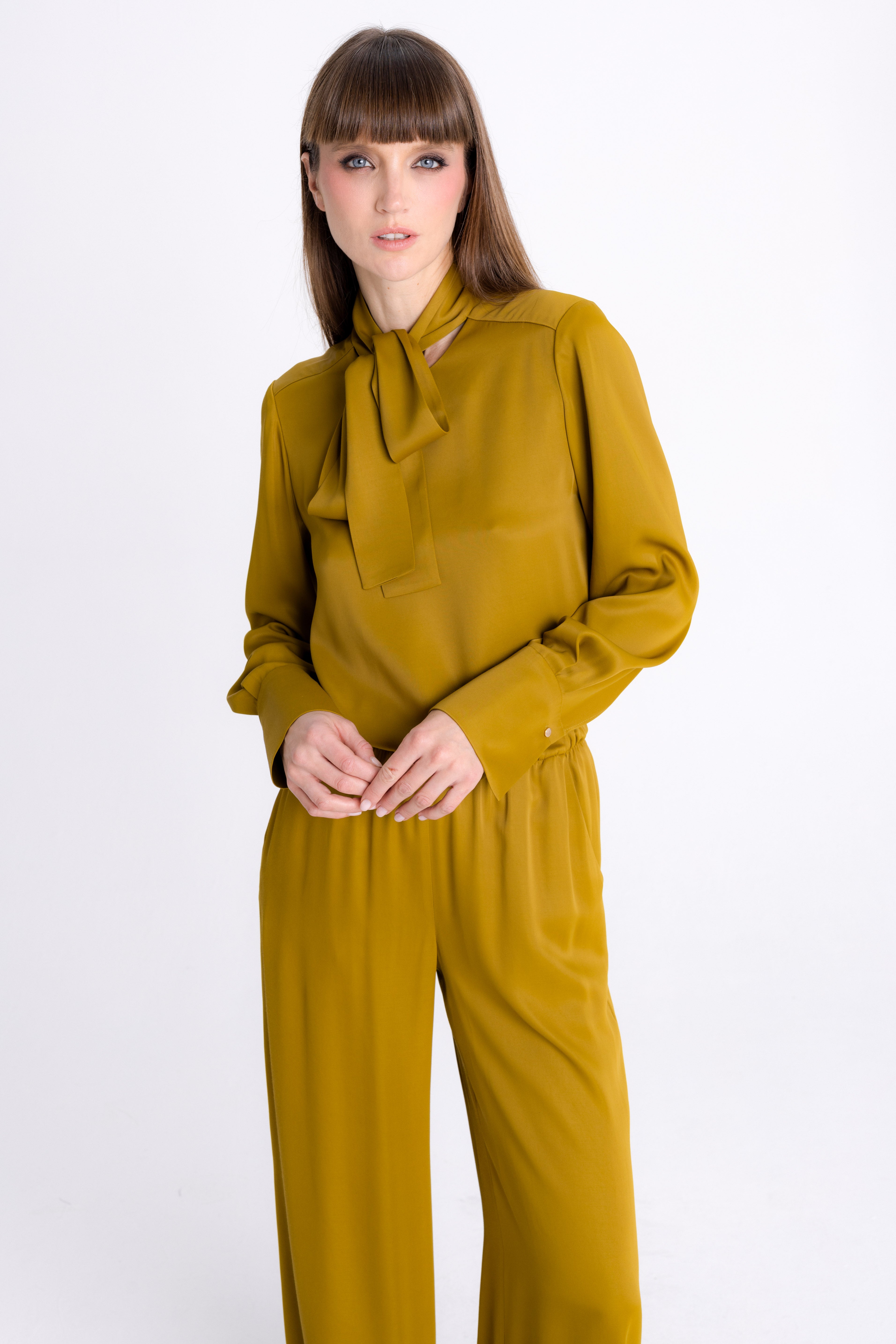 DARK MUSTARD TIE NECK BLOUSE