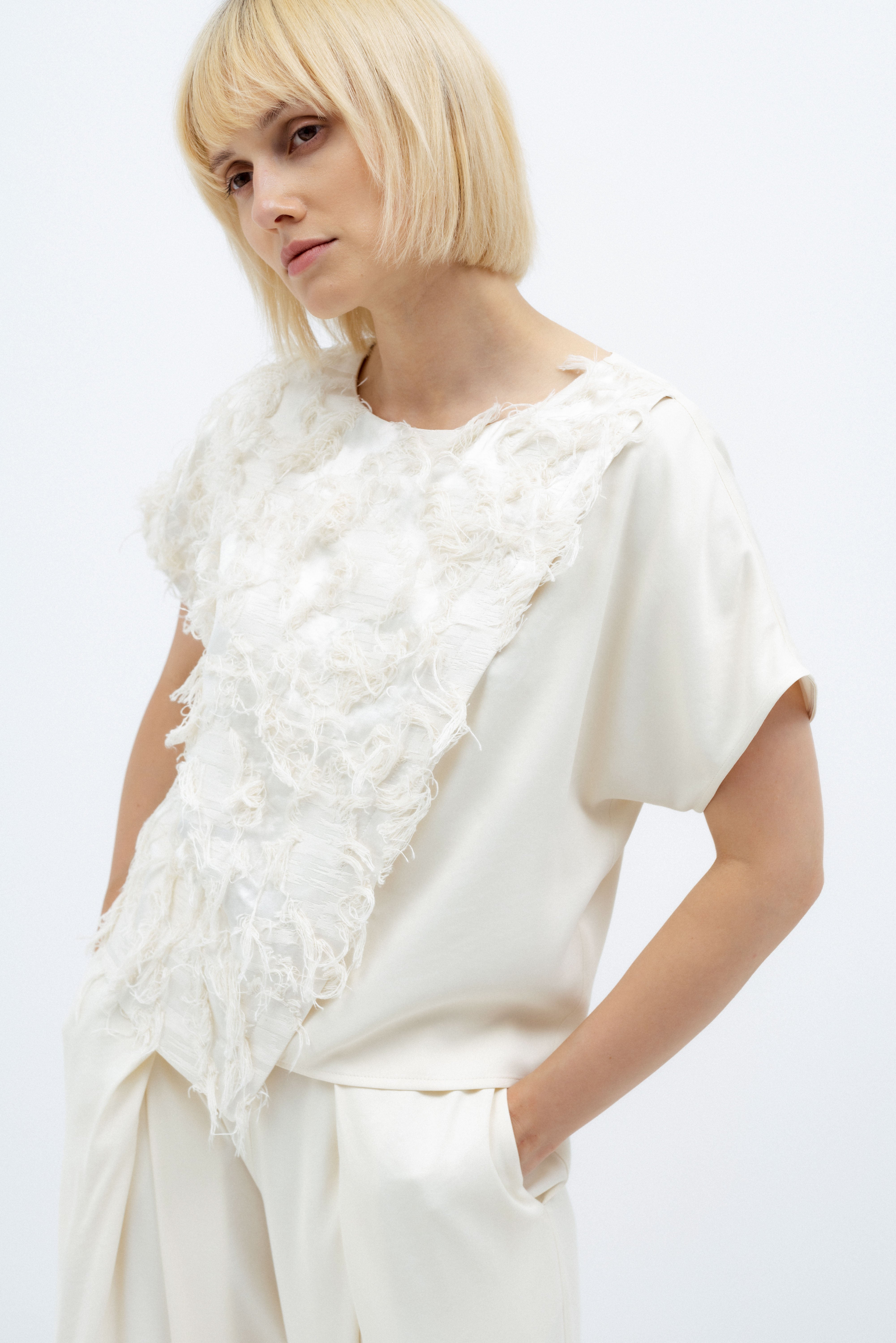 MILK-SHADE BLOUSE WITH ASYMMETRICAL APPLIQUE