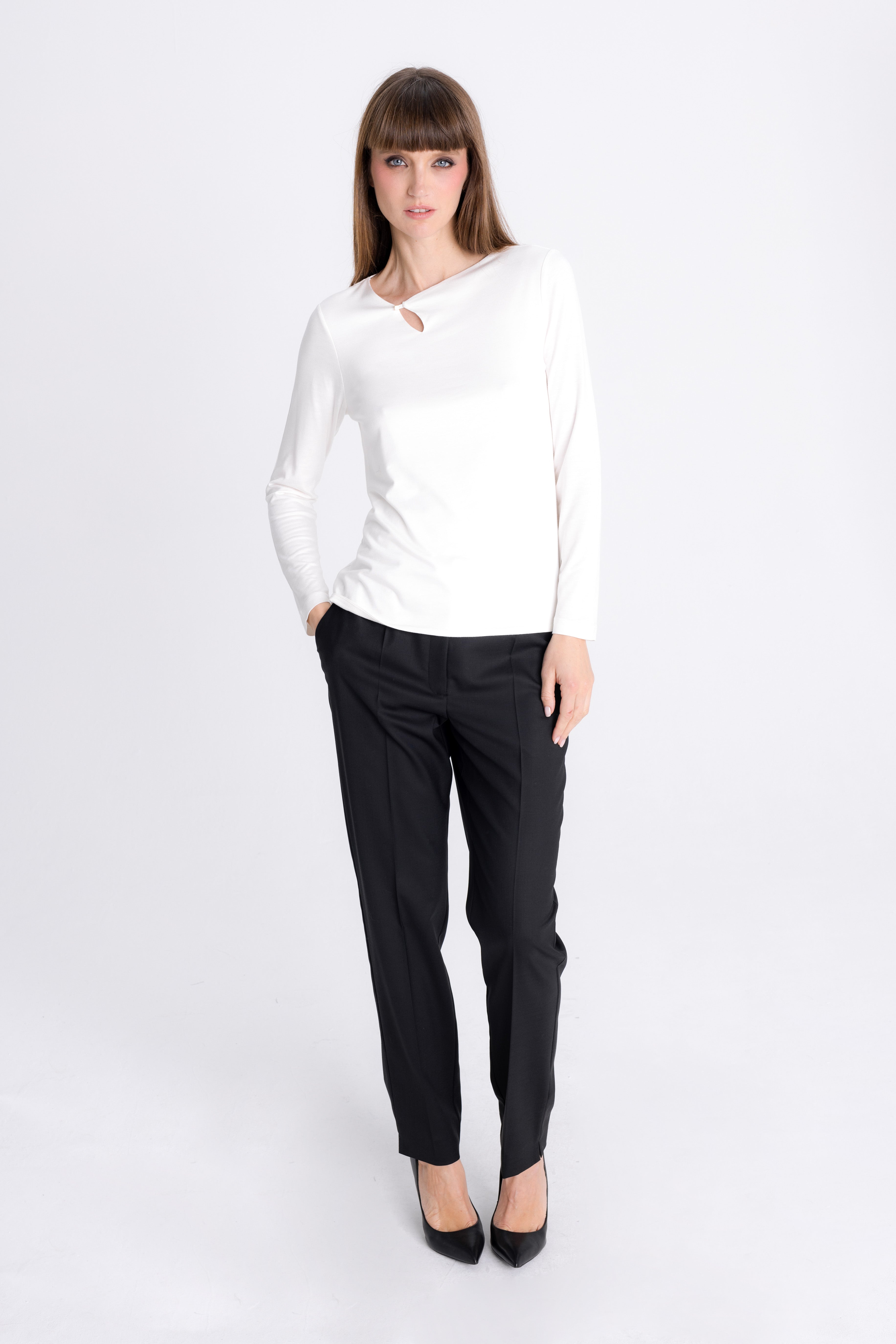 WHITE JERSEY BLOUSE WITH LONG SLEEVES