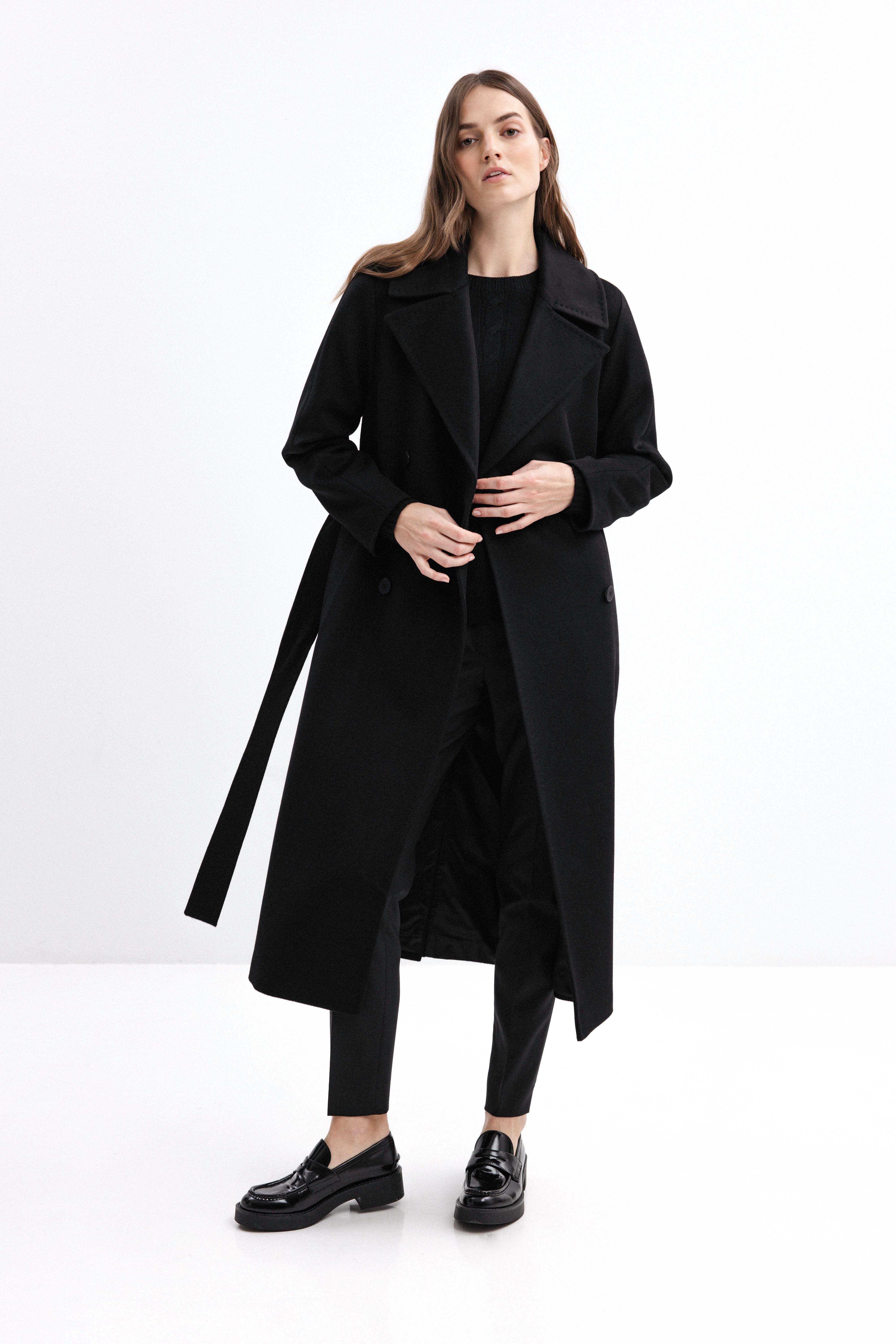 BLACK BELTED WOOL COAT