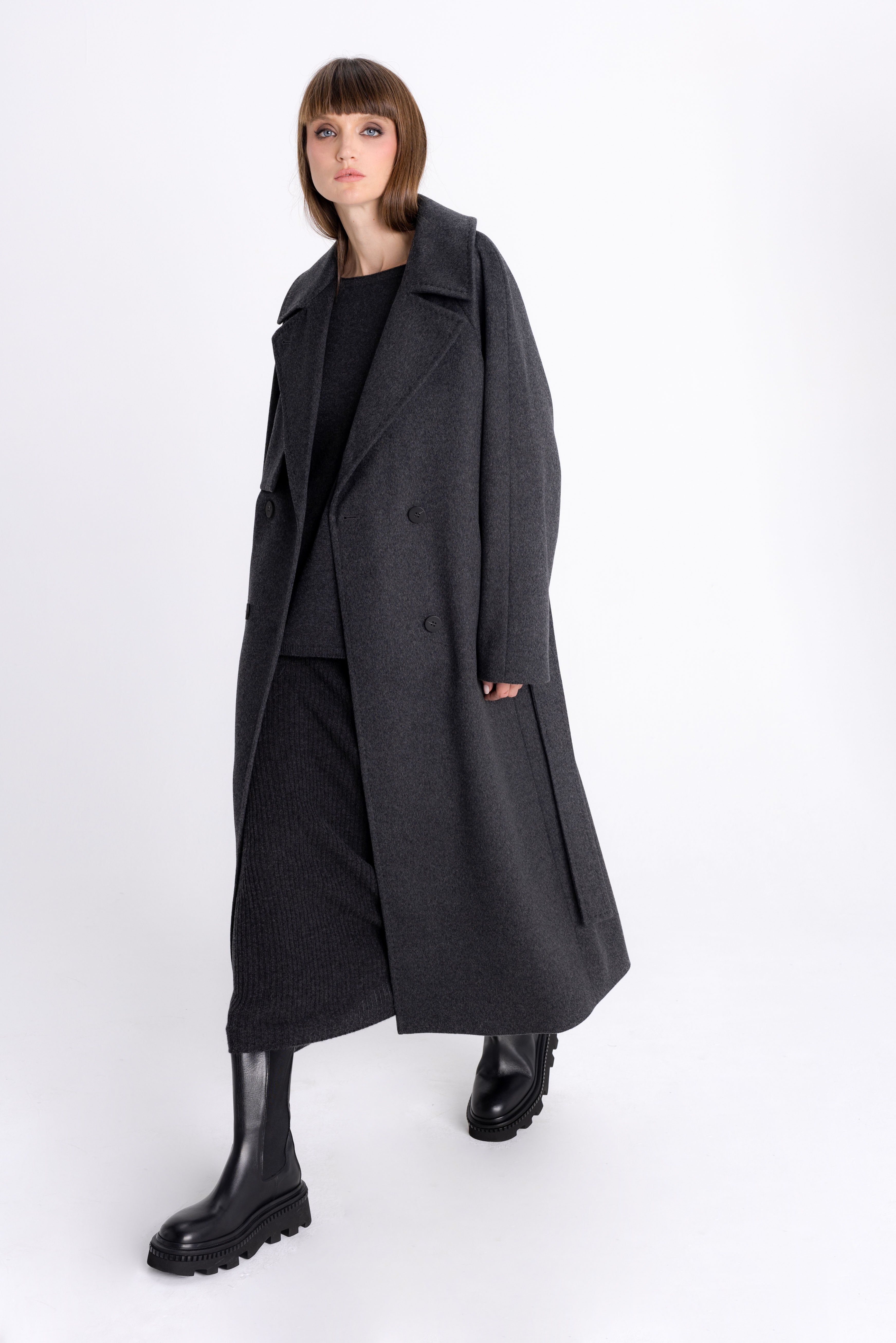 DARK GREY DOUBLE-BREASTED COAT WITH BELT