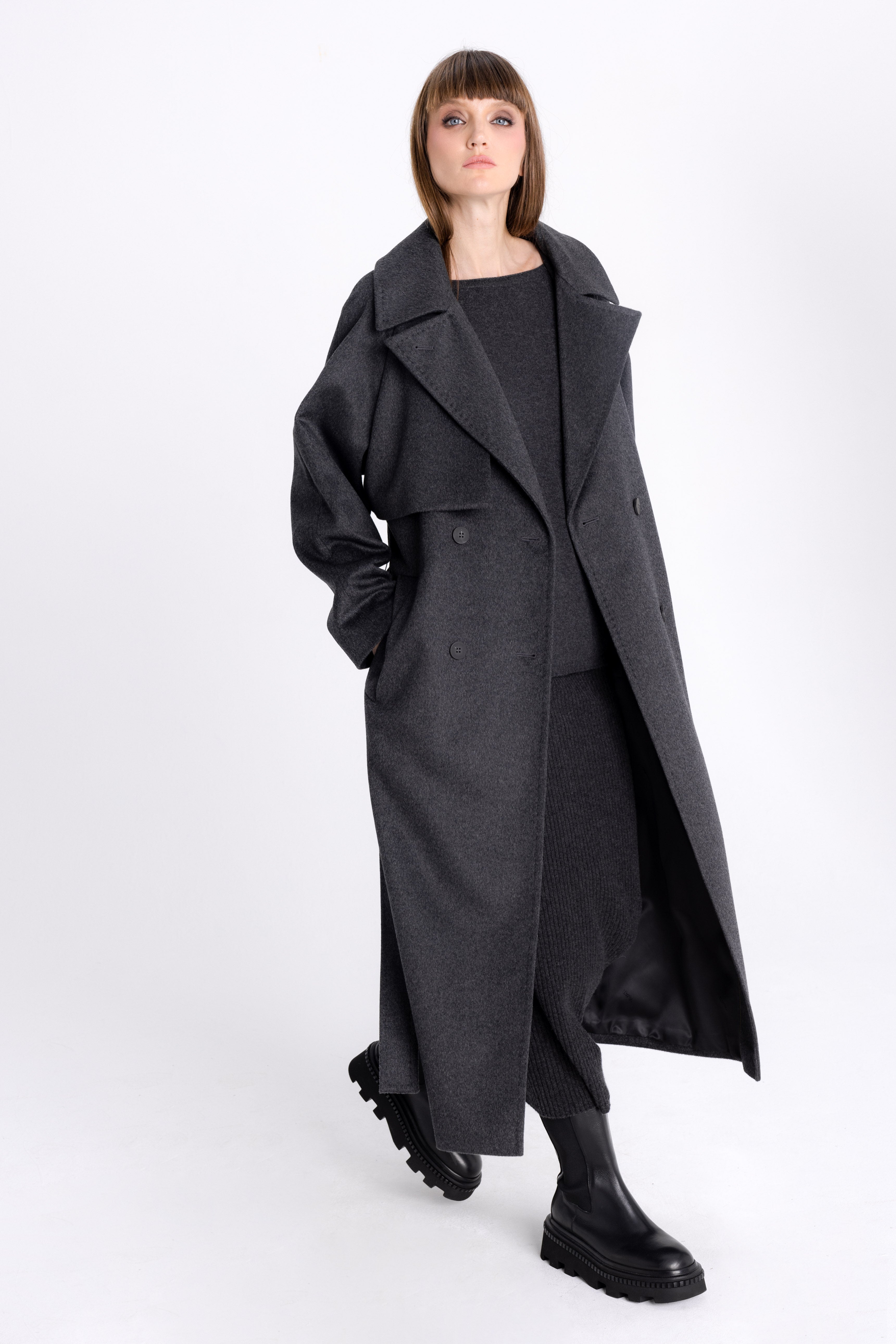 DARK GREY DOUBLE-BREASTED COAT WITH BELT