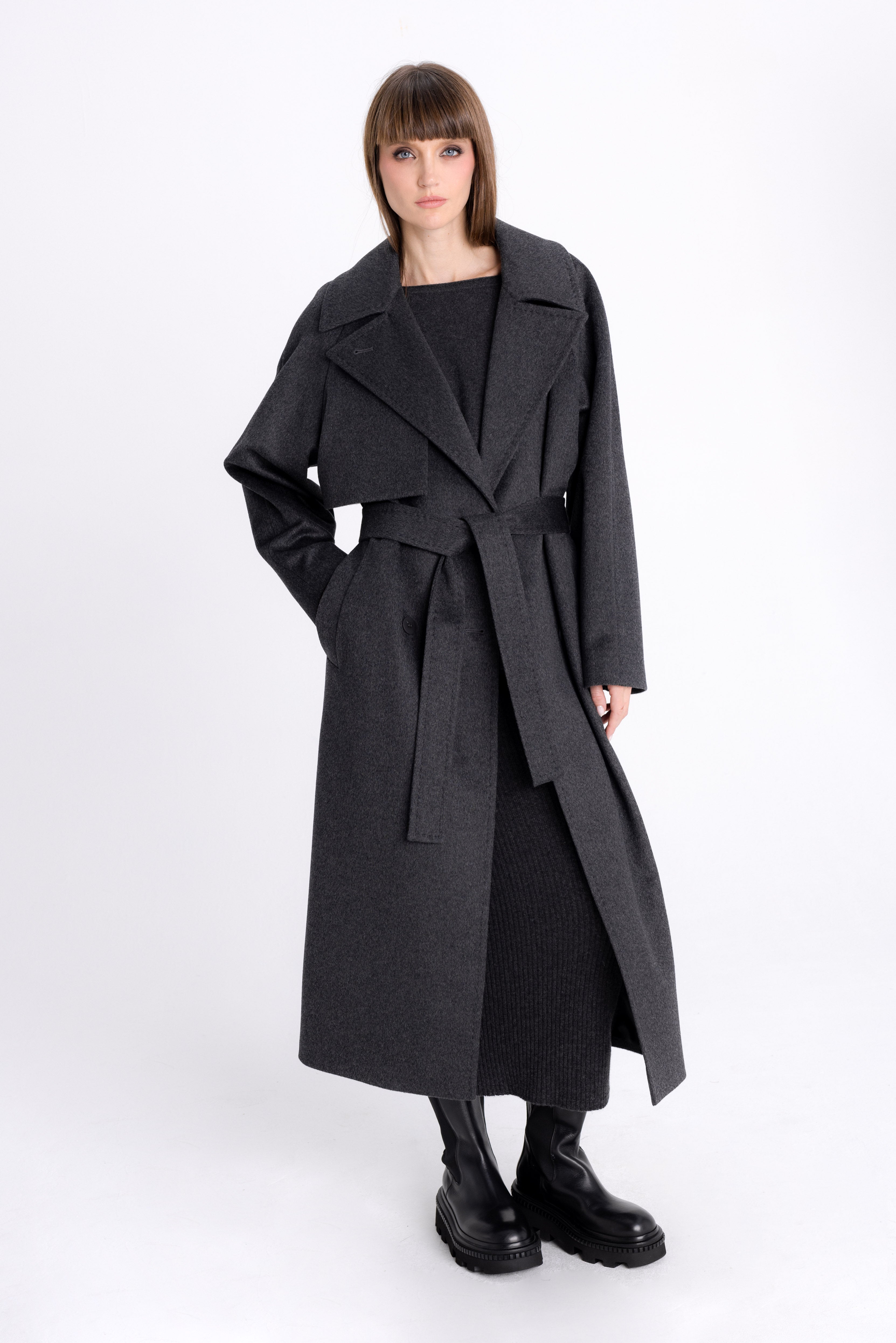 DARK GREY DOUBLE-BREASTED COAT WITH BELT