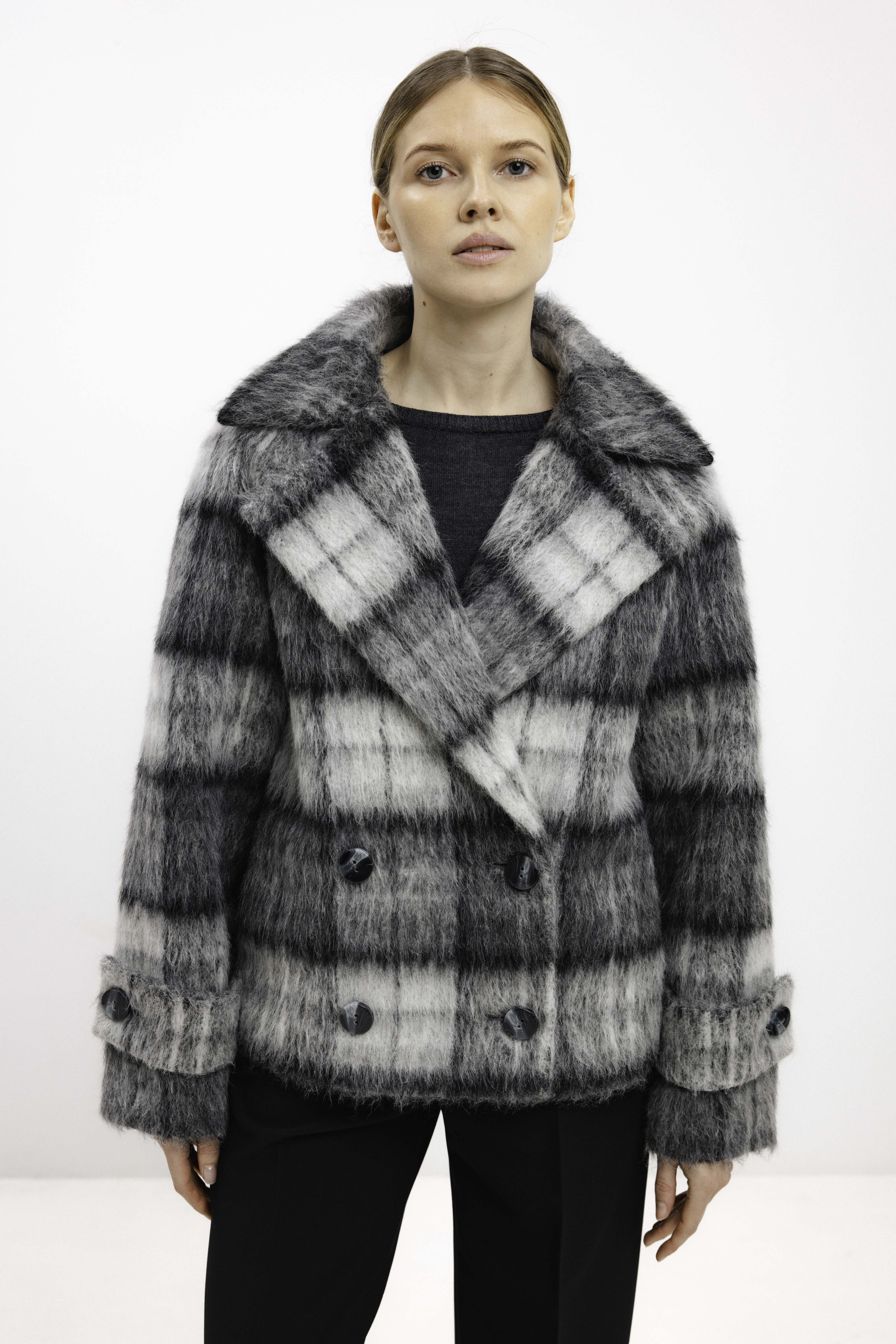 GREY CHECKED ALPACA-BLEND COAT