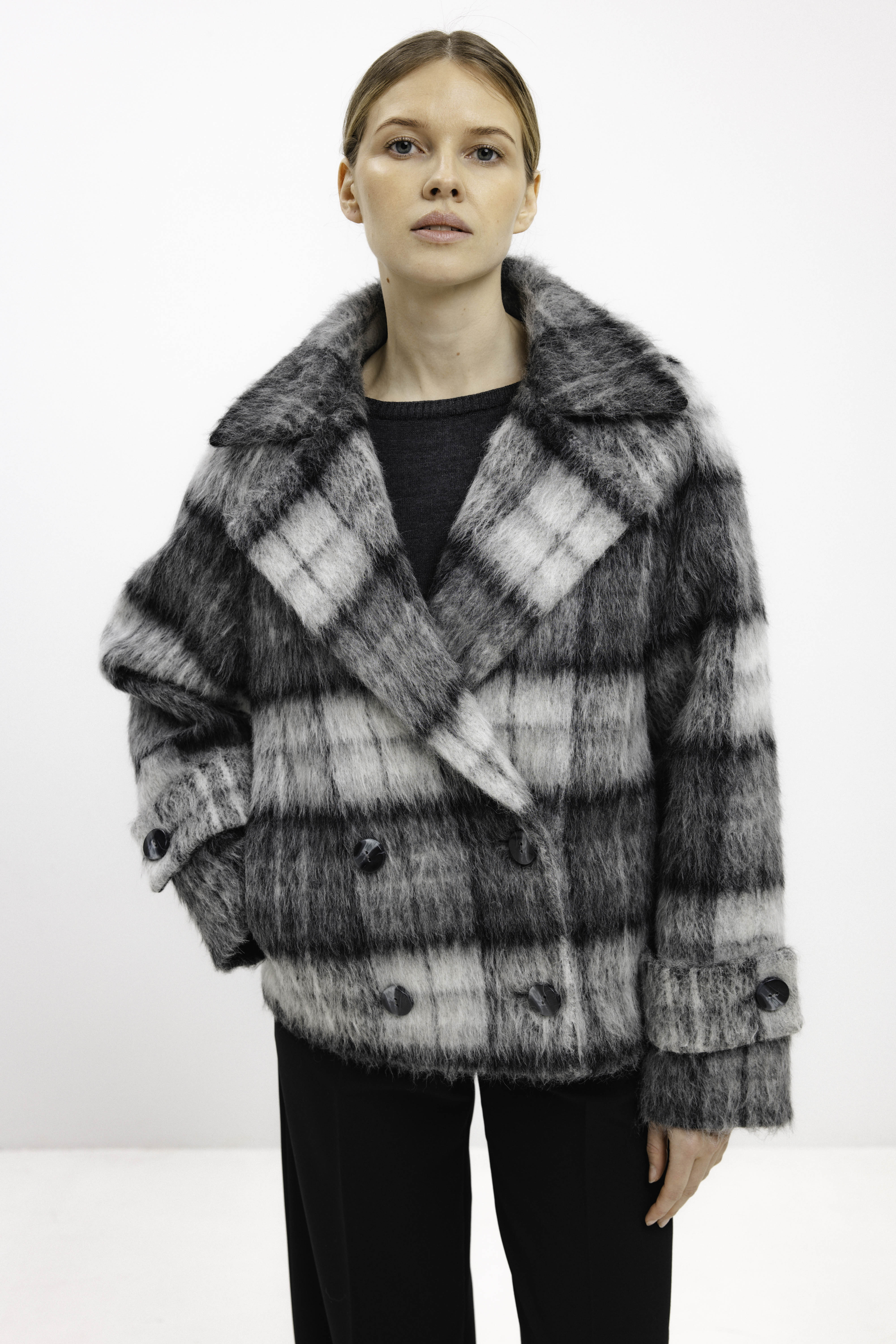 GREY CHECKED ALPACA-BLEND COAT