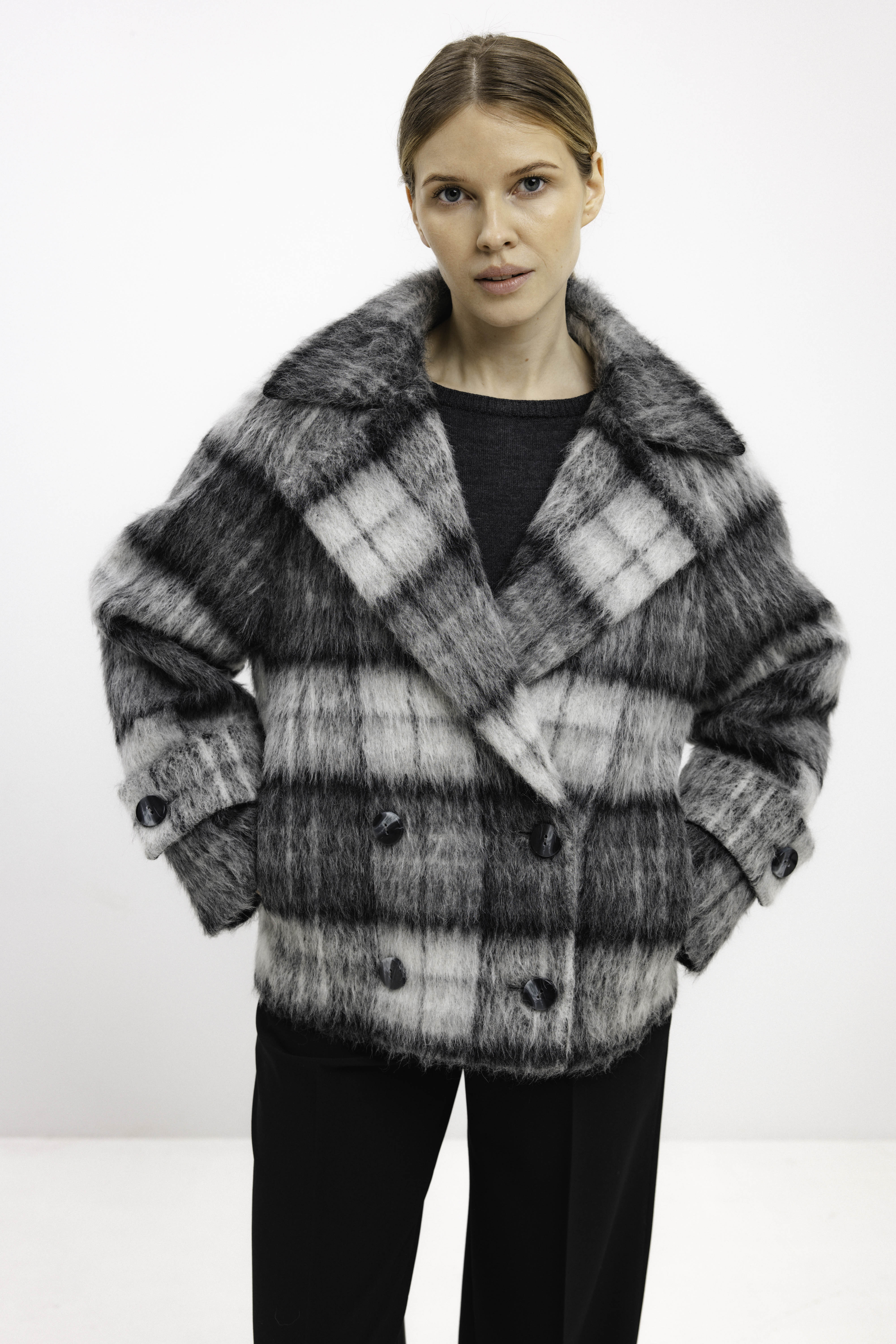 GREY CHECKED ALPACA-BLEND COAT