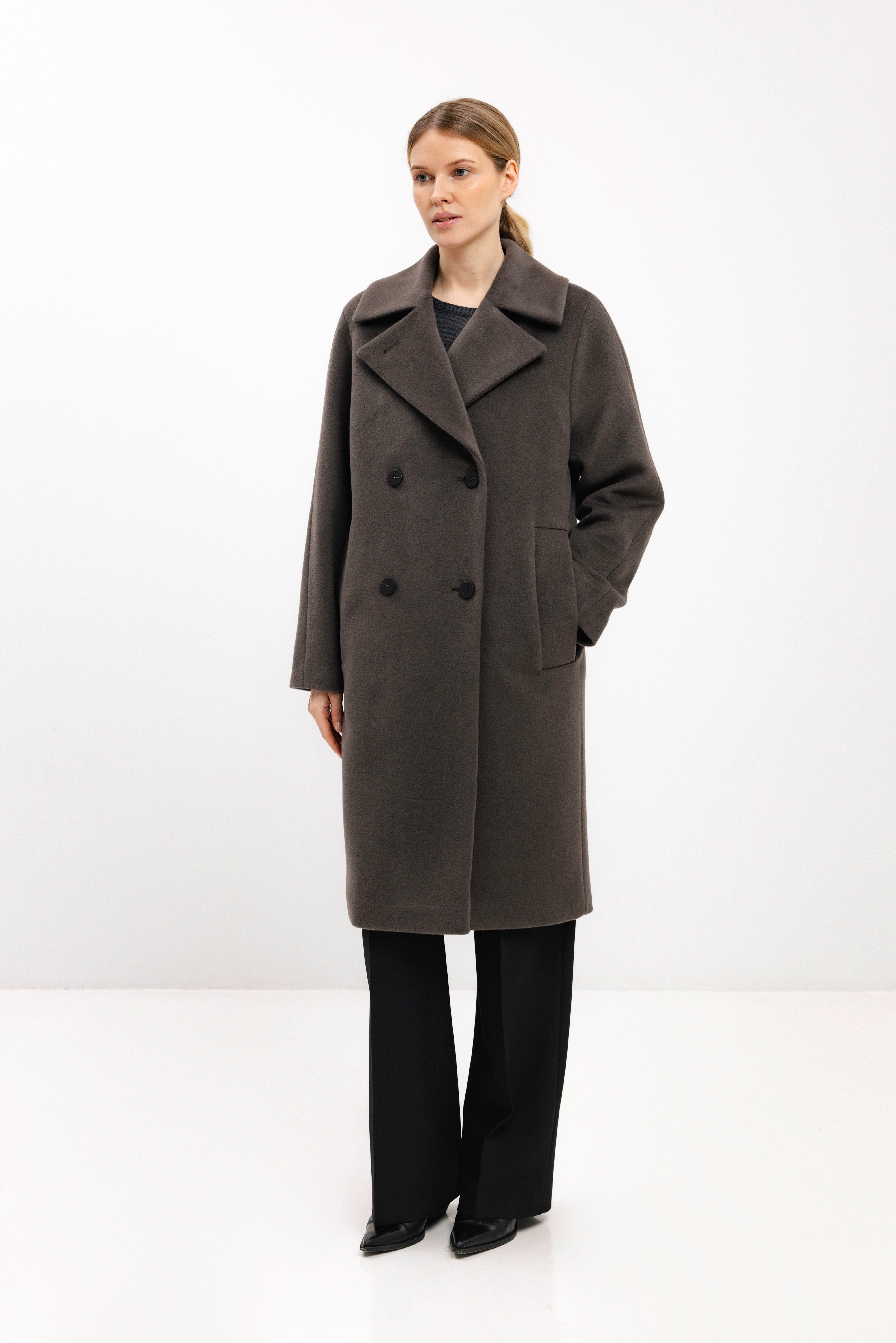 STRAIGHT GREENISH BROWN COAT WITH ANGORA