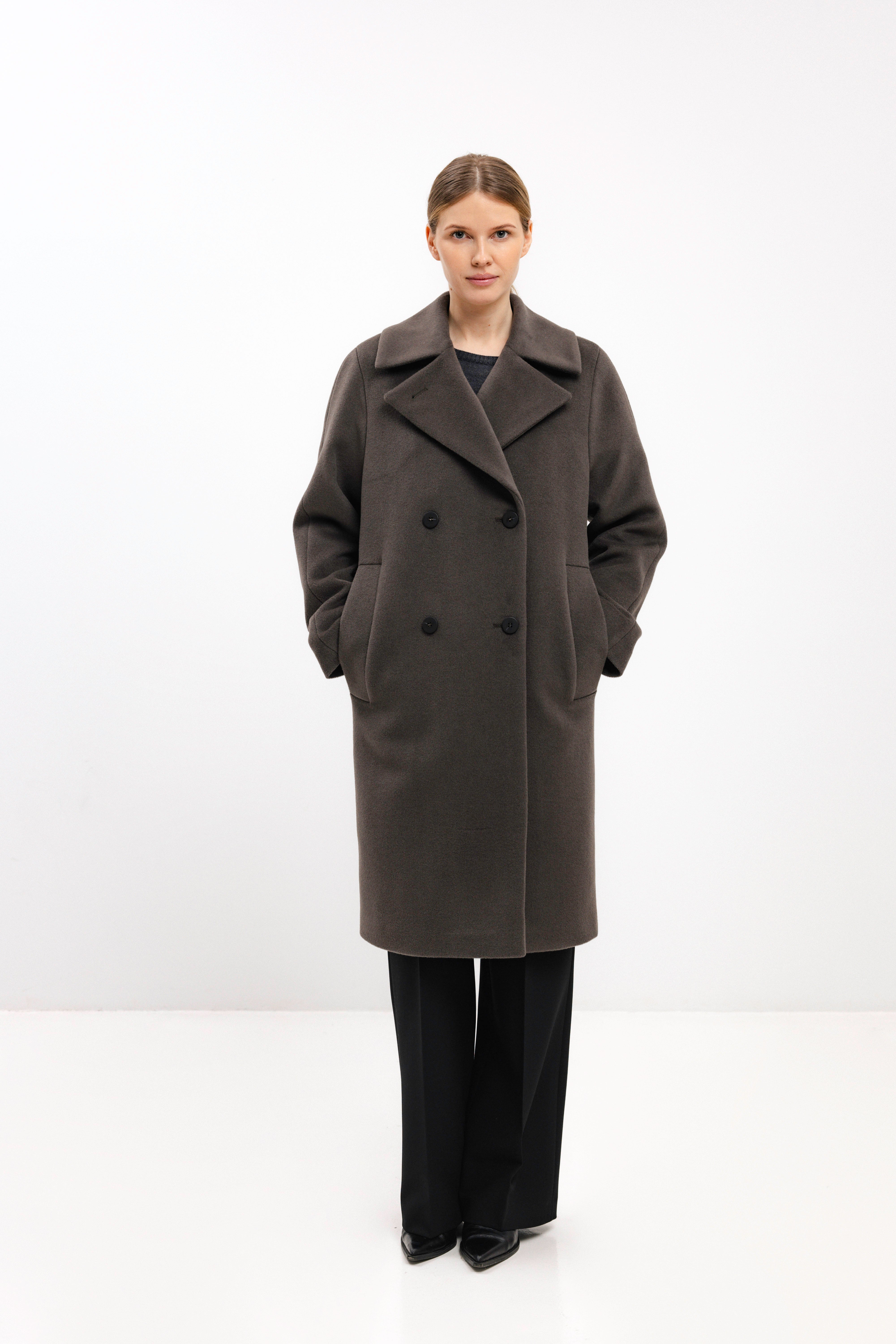 STRAIGHT GREENISH BROWN COAT WITH ANGORA