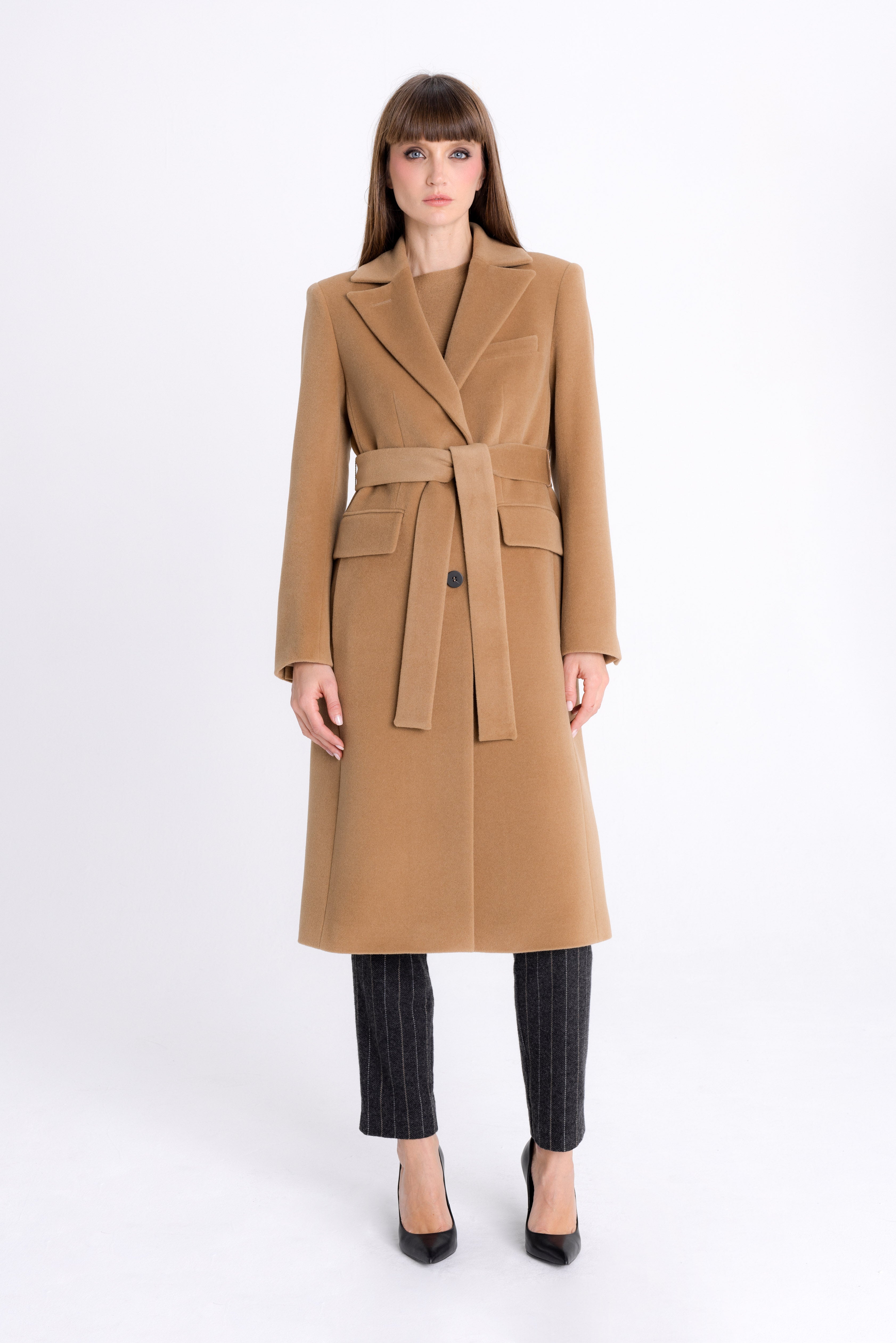 FITTED CAMEL COAT WITH ANGORA