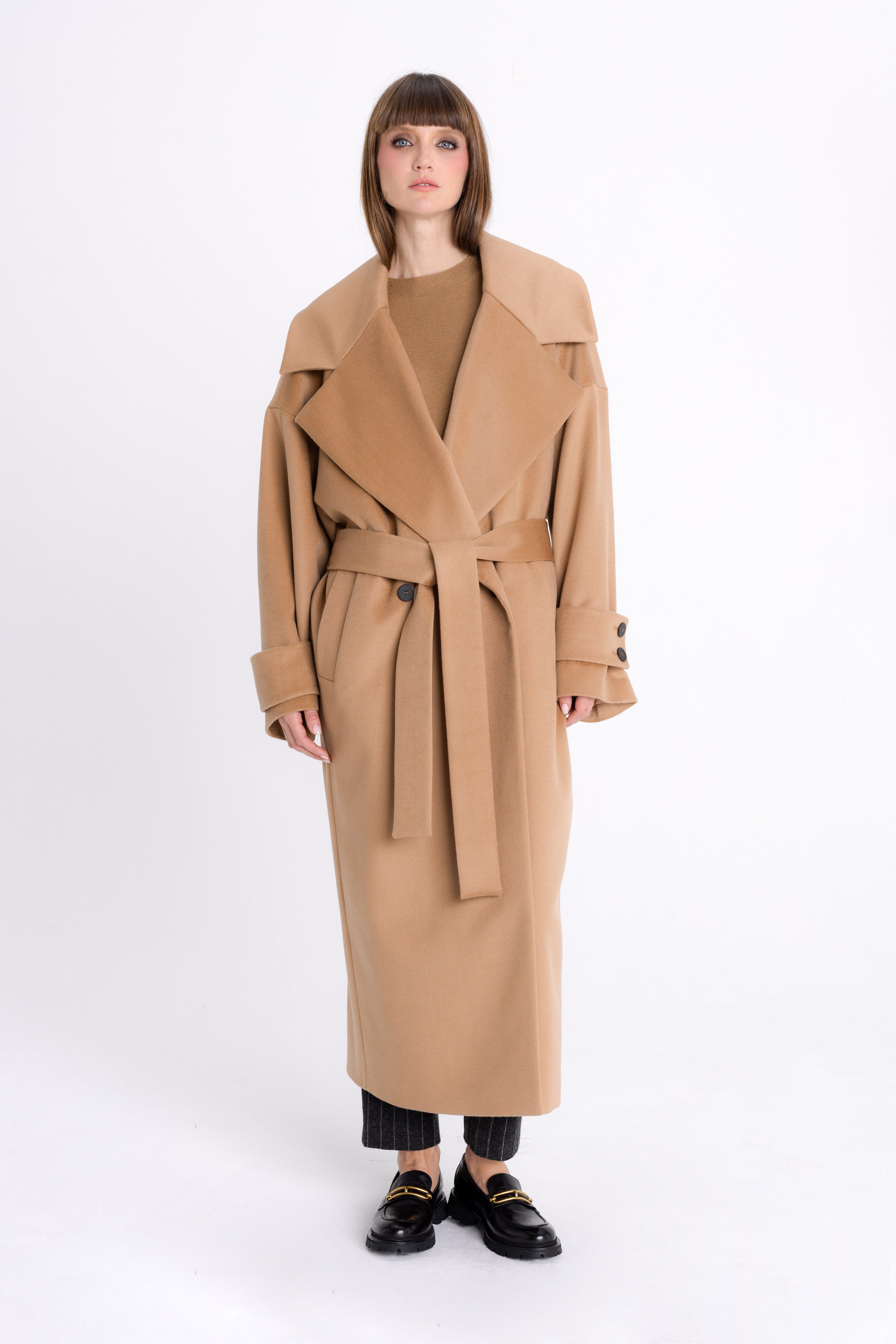 BELTED OVERSIZED CAMEL COAT