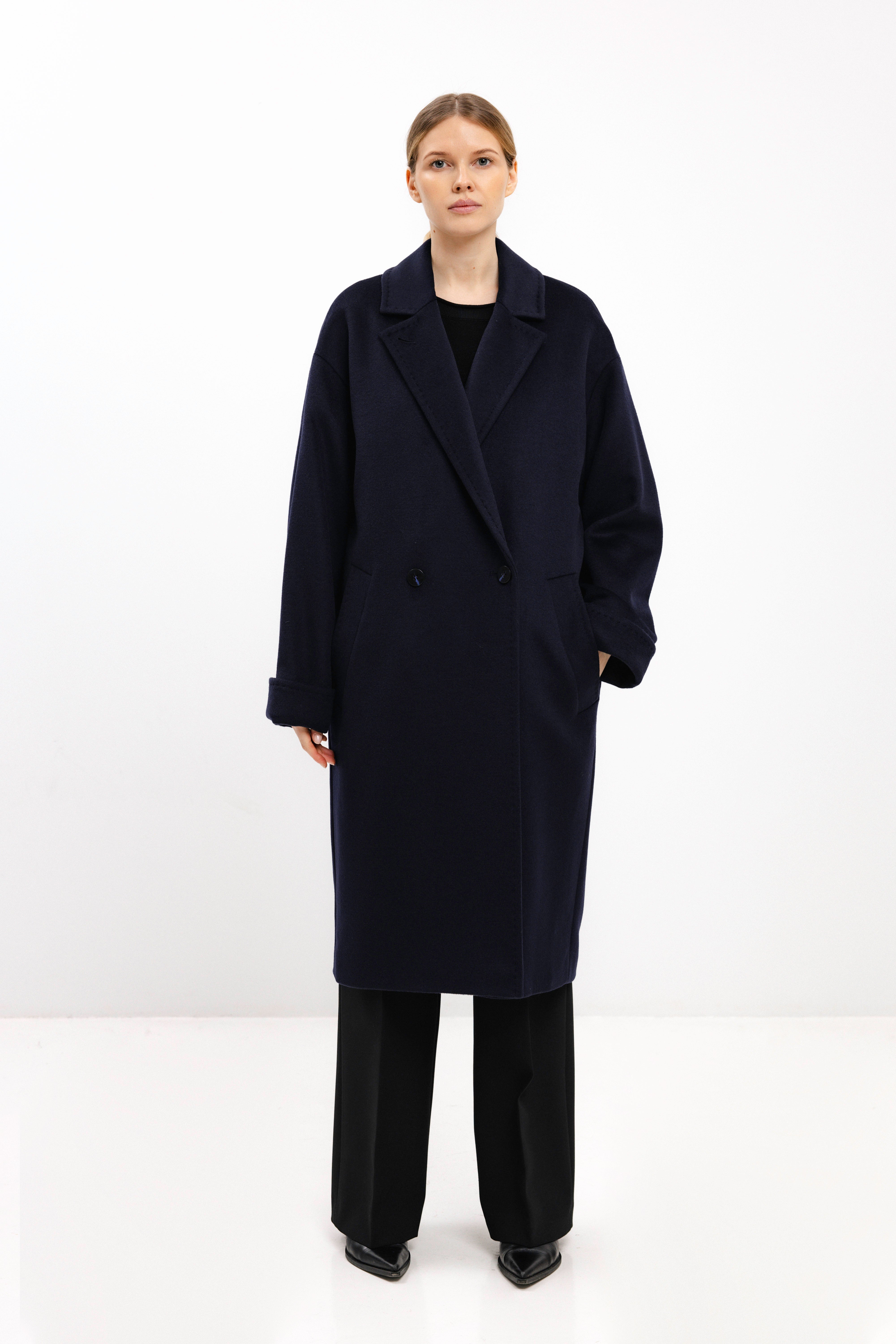 OVERSIZED DOUBLE-BREASTED WOOL COAT IN NAVY – InAvati