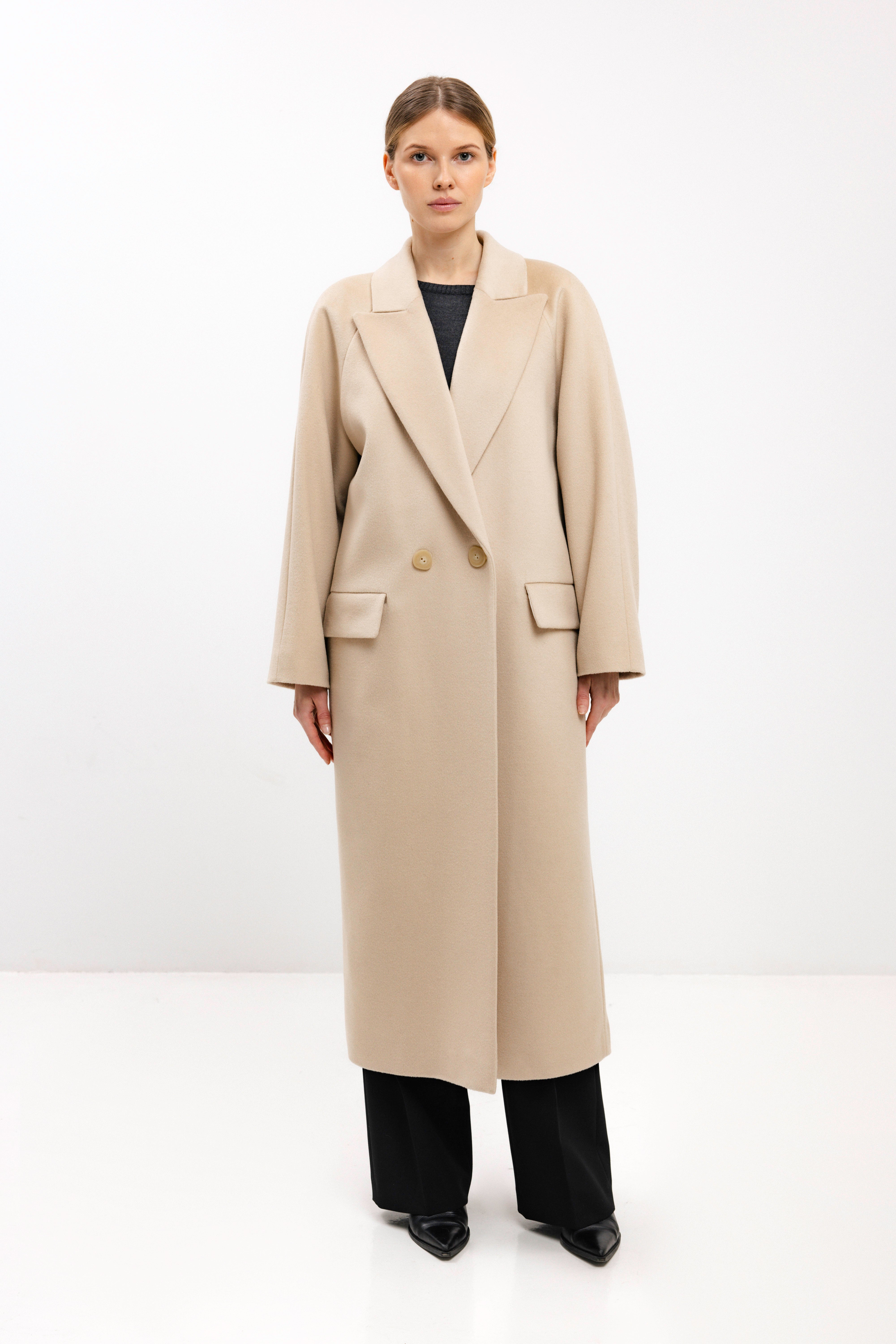 LONG DOUBLE-BREASTED WOOL COAT WITH RAGLAN SLEEVES