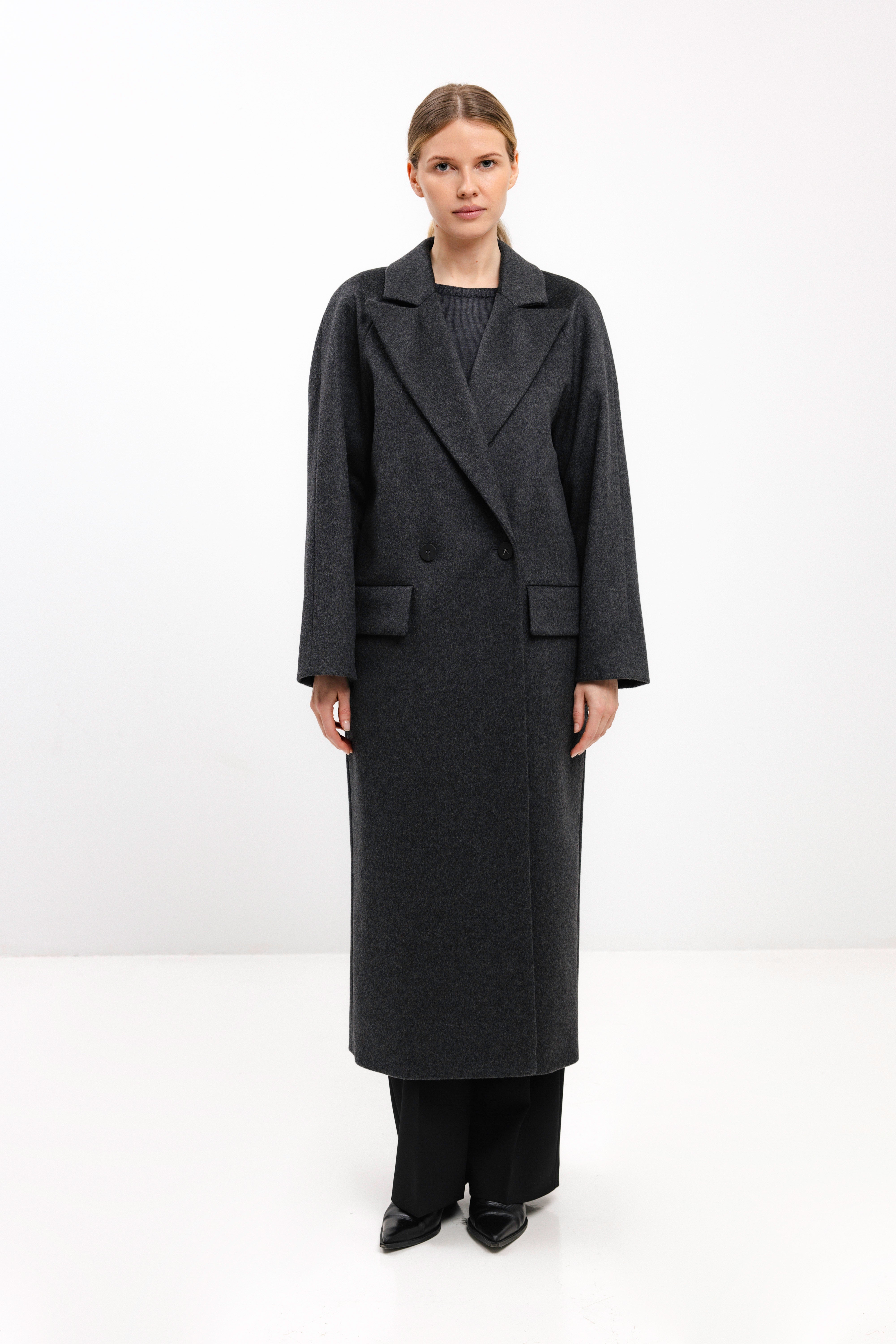 LONG DARK GREY WOOL COAT WITH RAGLAN SLEEVES