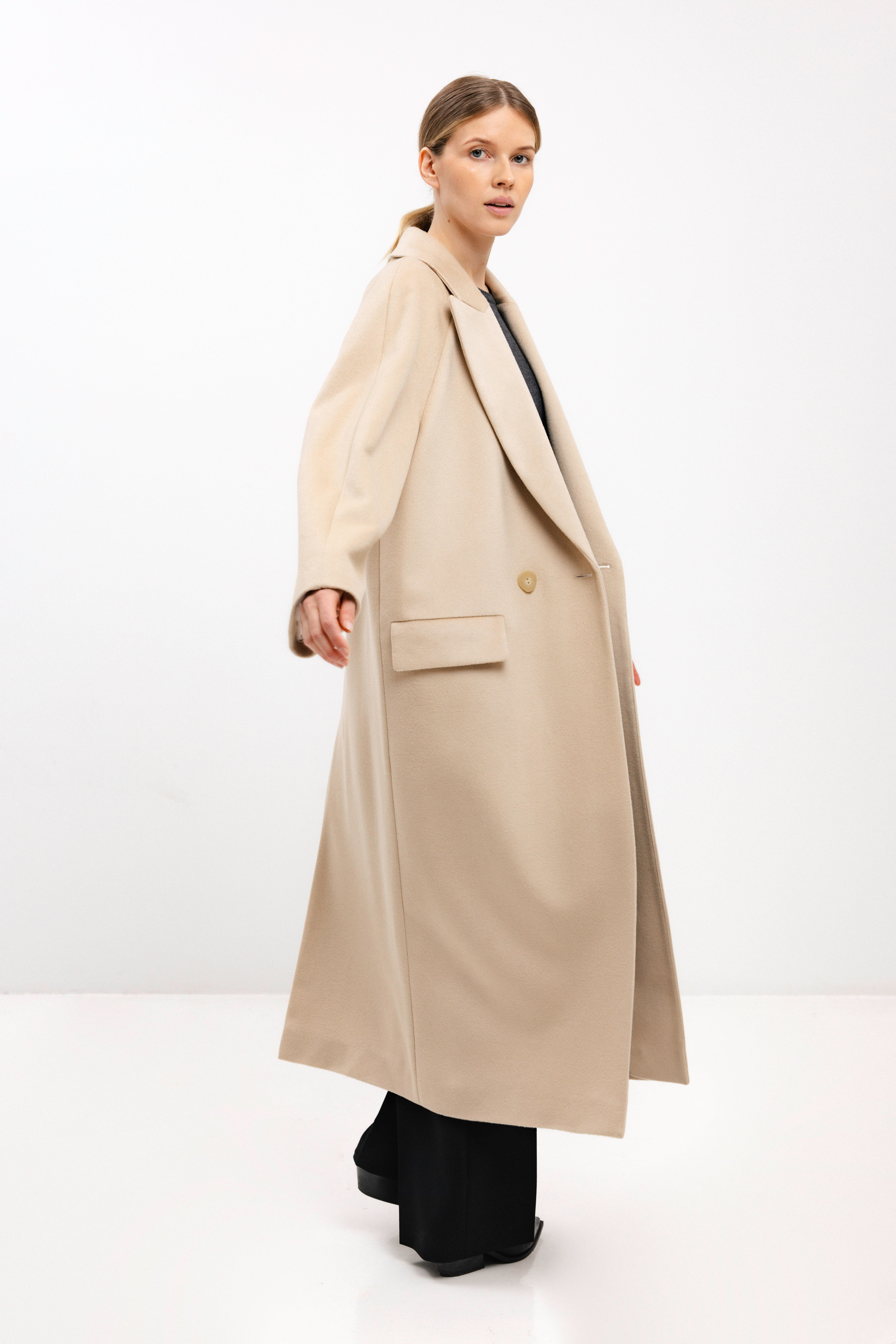 LONG DOUBLE-BREASTED WOOL COAT WITH RAGLAN SLEEVES