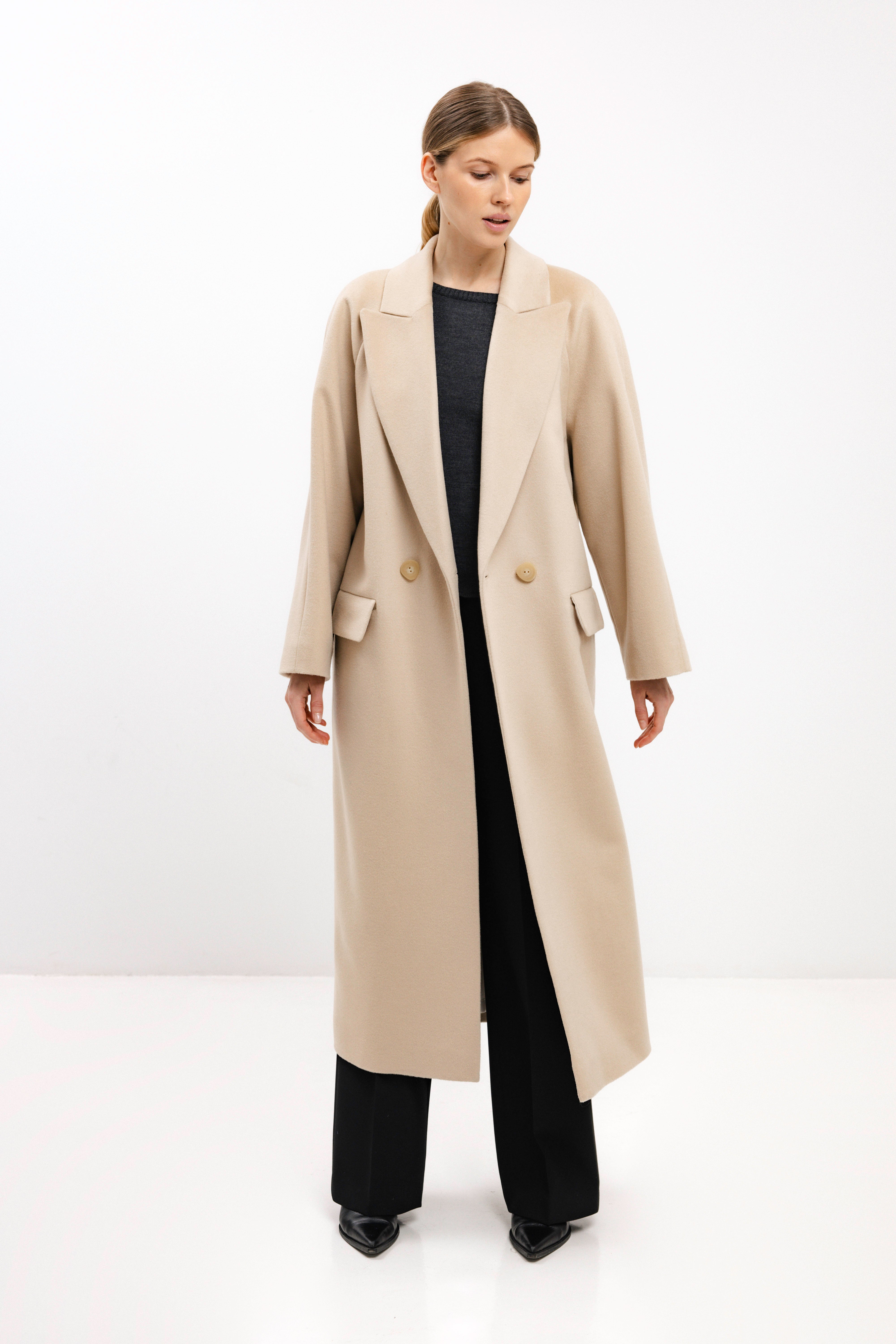 LONG DOUBLE-BREASTED WOOL COAT WITH RAGLAN SLEEVES