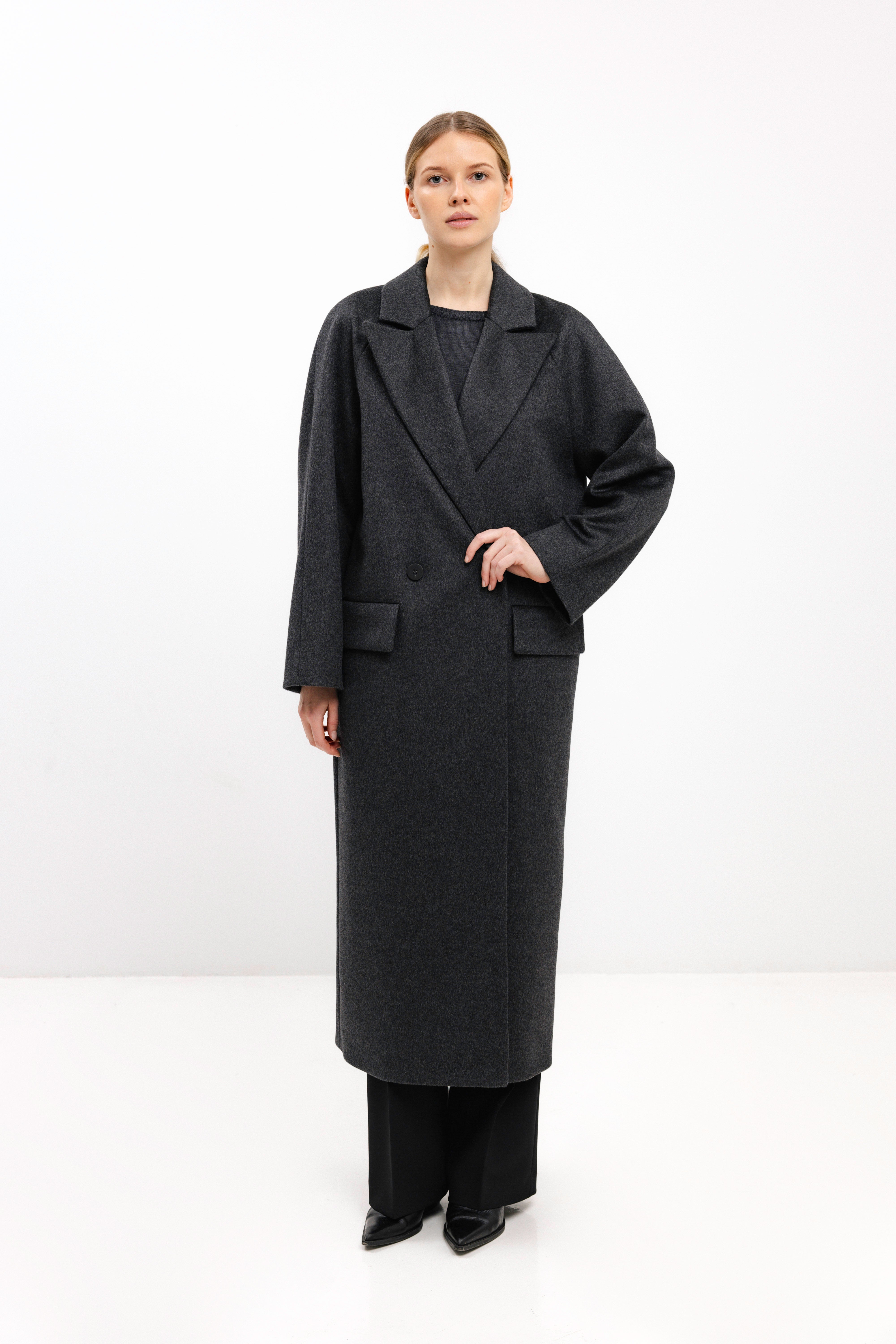LONG DARK GREY WOOL COAT WITH RAGLAN SLEEVES