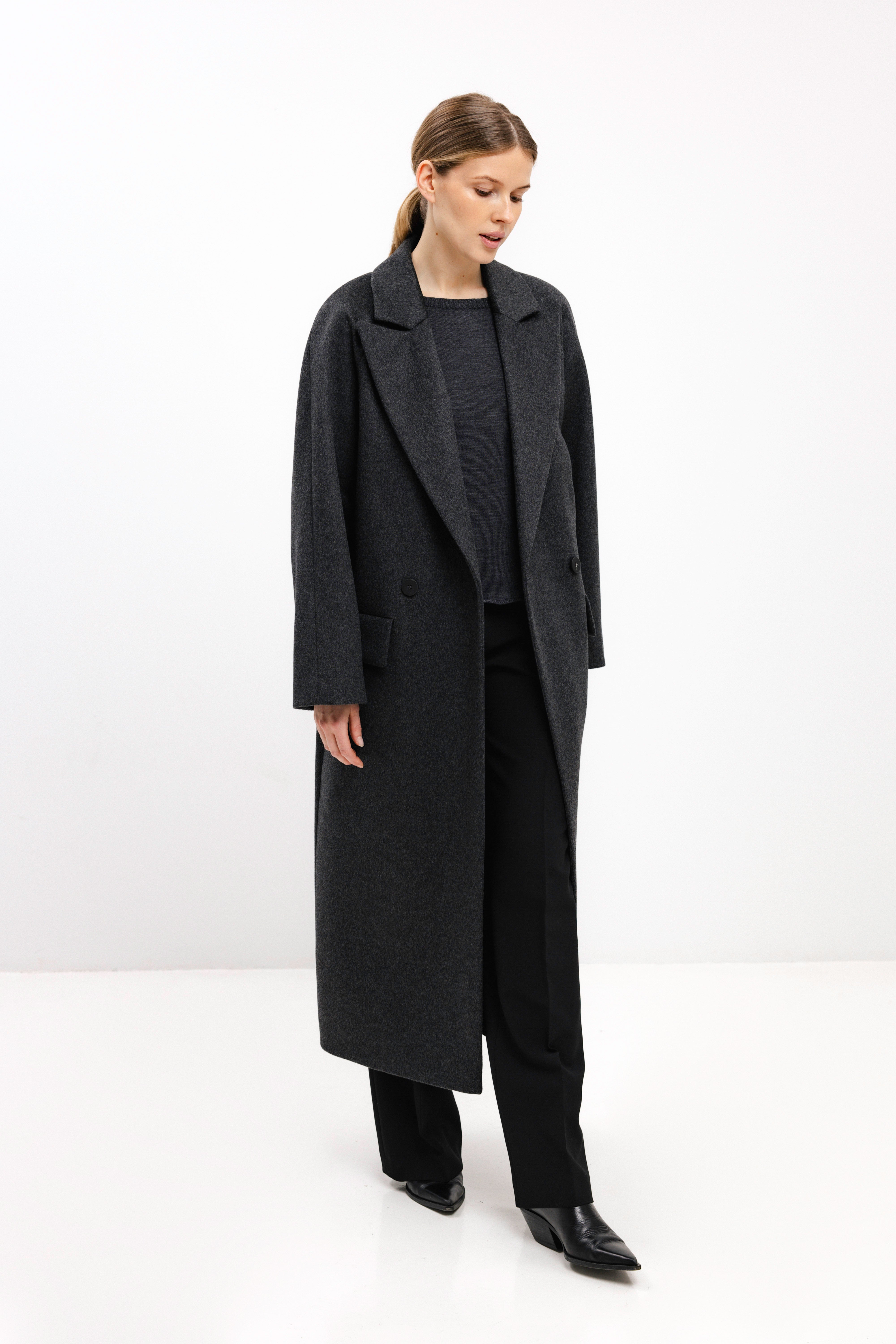 LONG DARK GREY WOOL COAT WITH RAGLAN SLEEVES