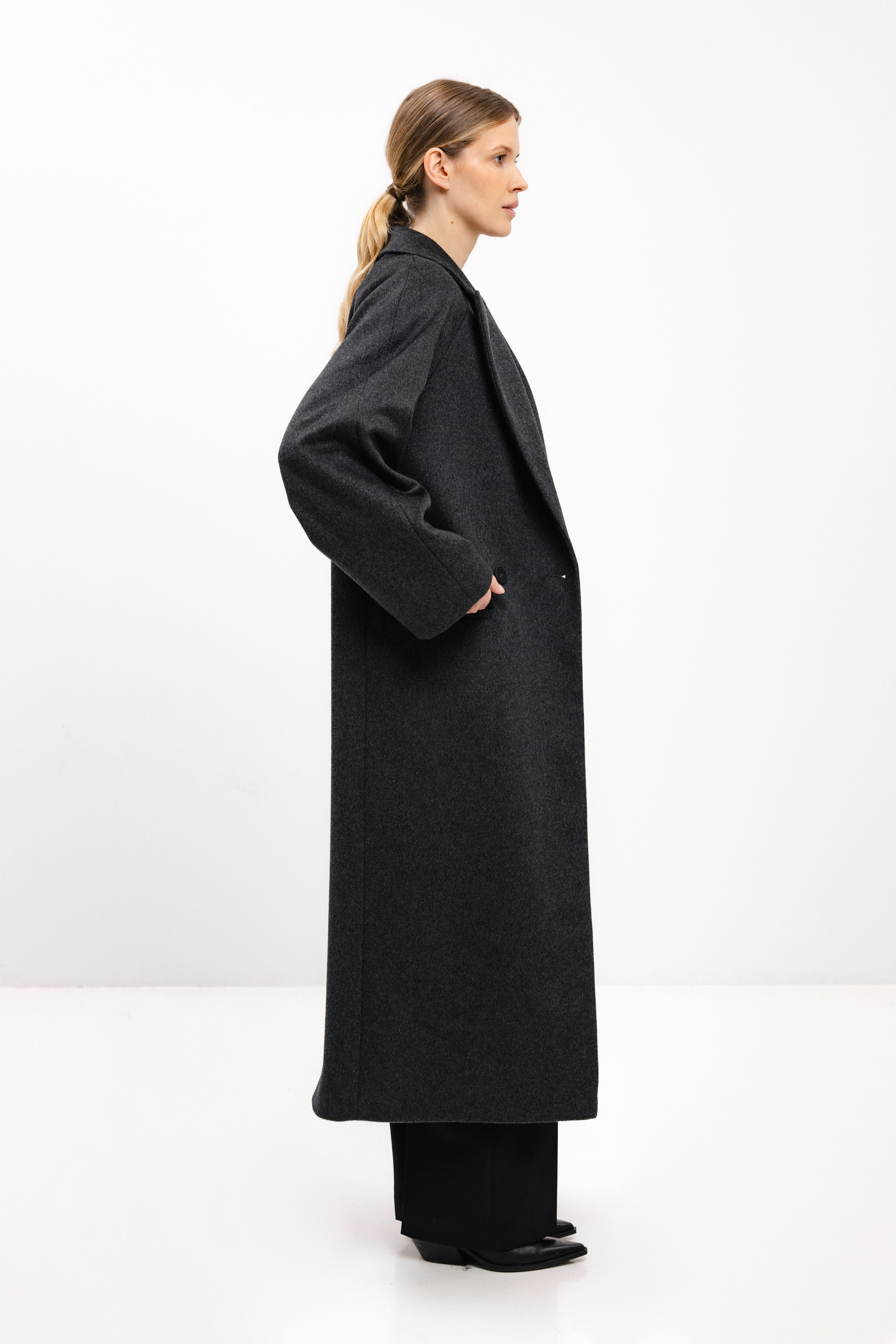 LONG DARK GREY WOOL COAT WITH RAGLAN SLEEVES