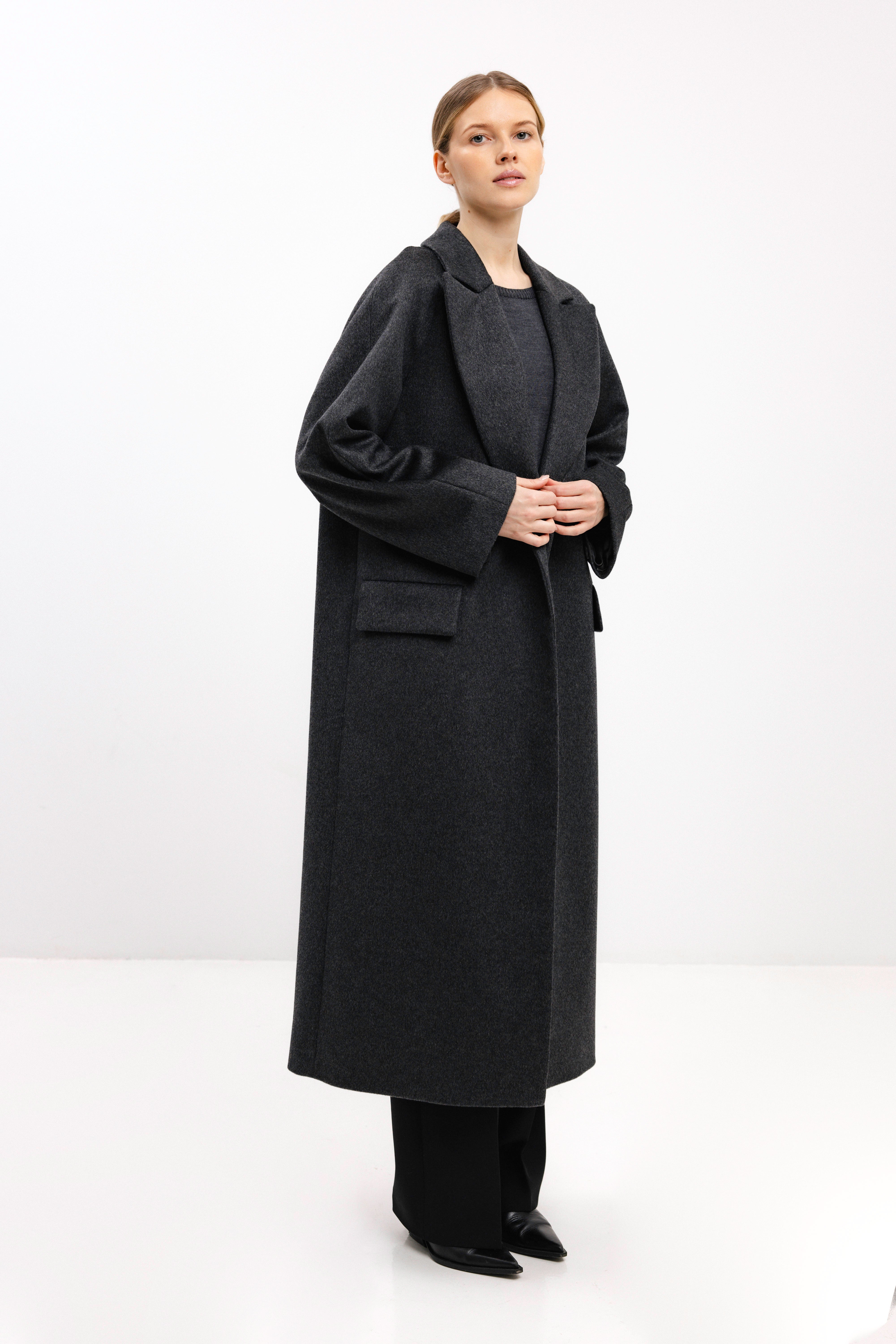 LONG DARK GREY WOOL COAT WITH RAGLAN SLEEVES
