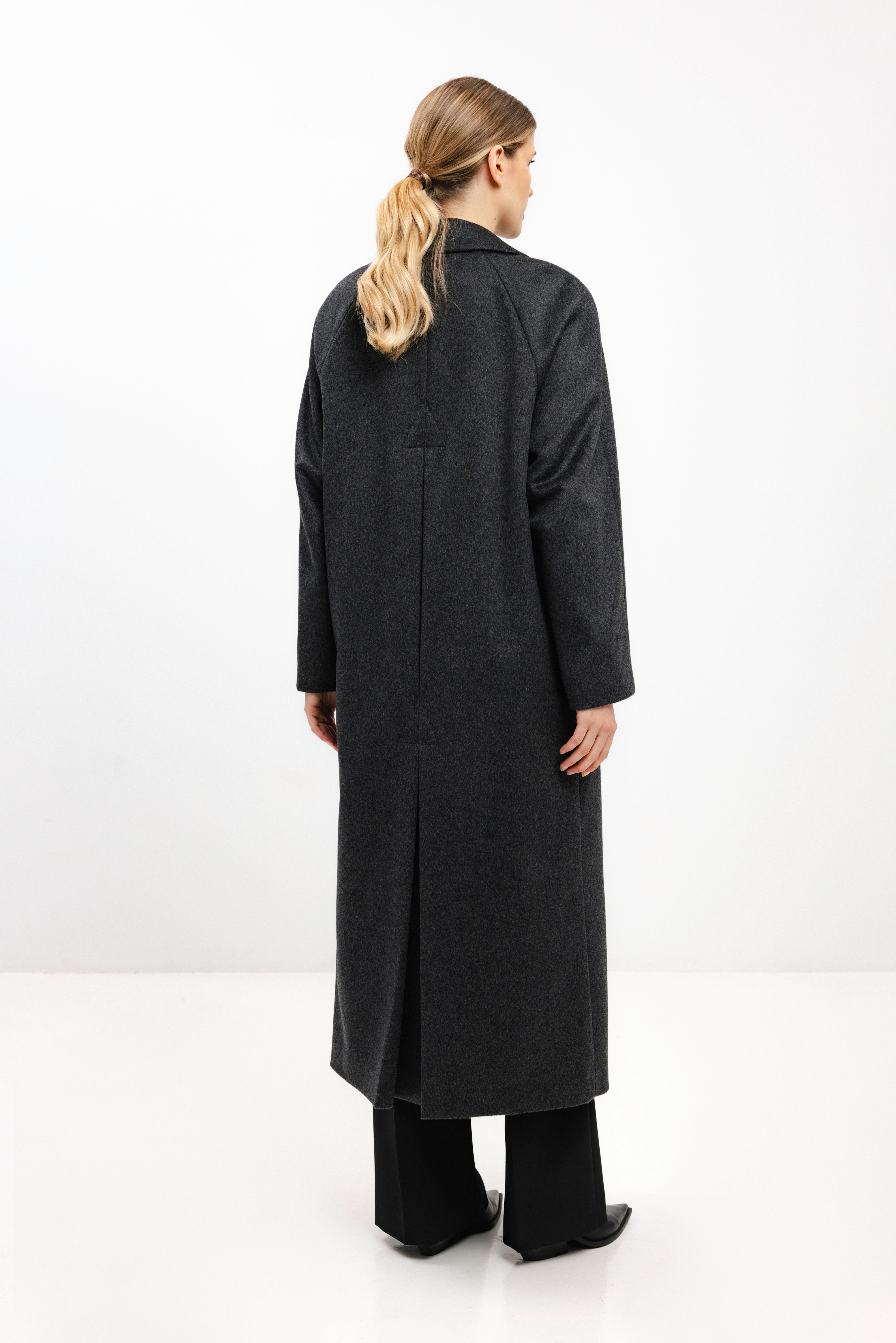 LONG DARK GREY WOOL COAT WITH RAGLAN SLEEVES
