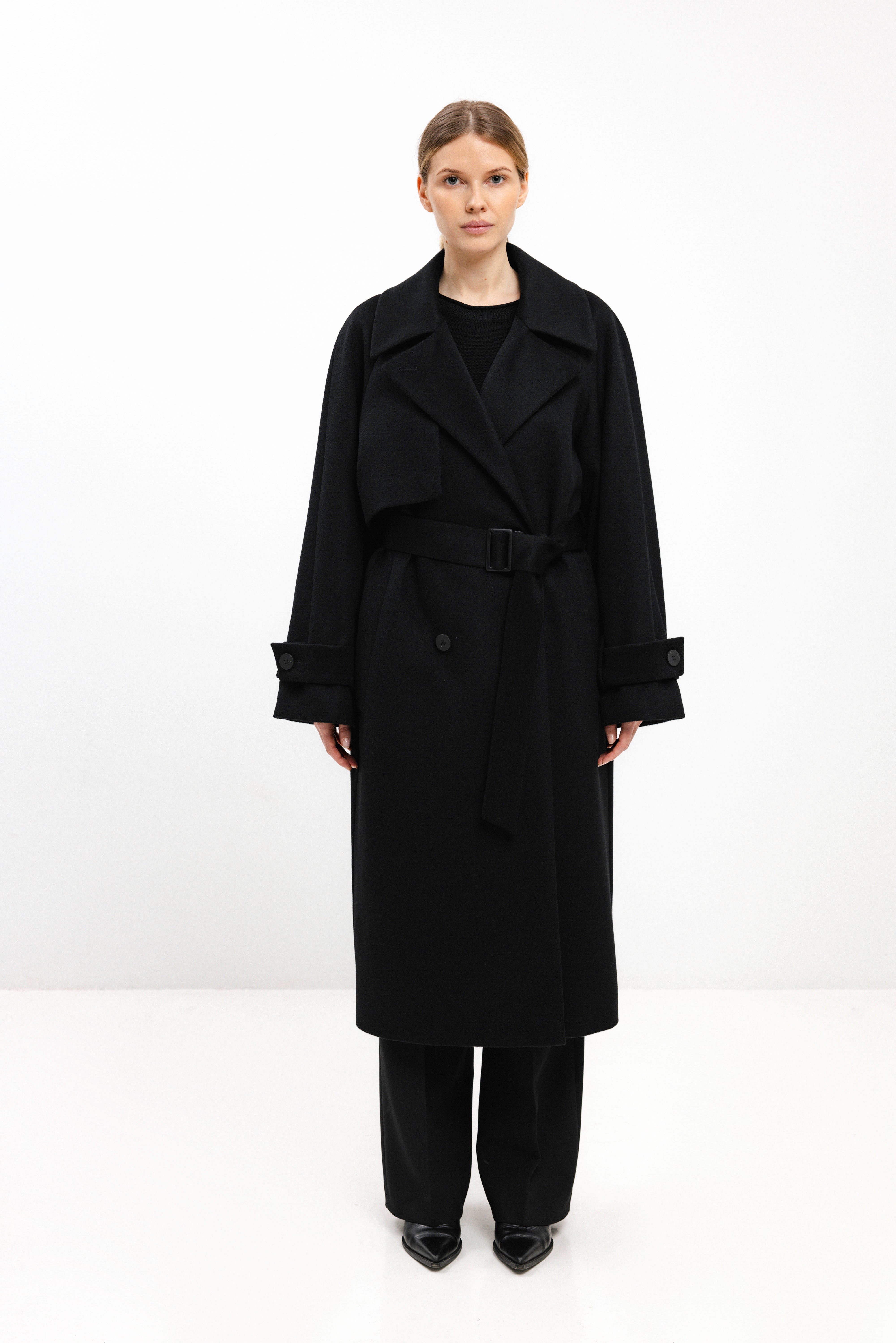 BLACK WOOL COAT WITH BELT