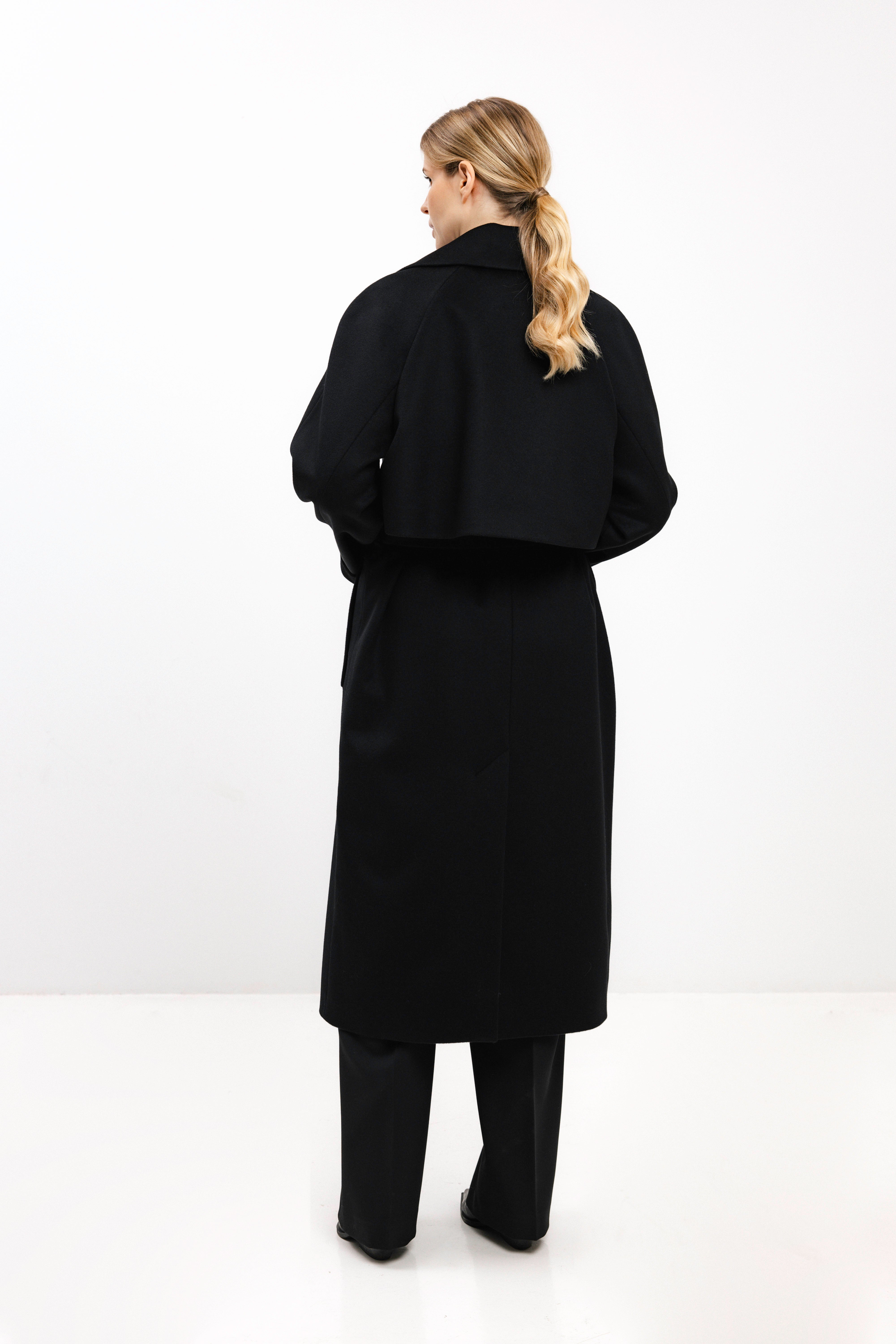 BLACK WOOL COAT WITH BELT