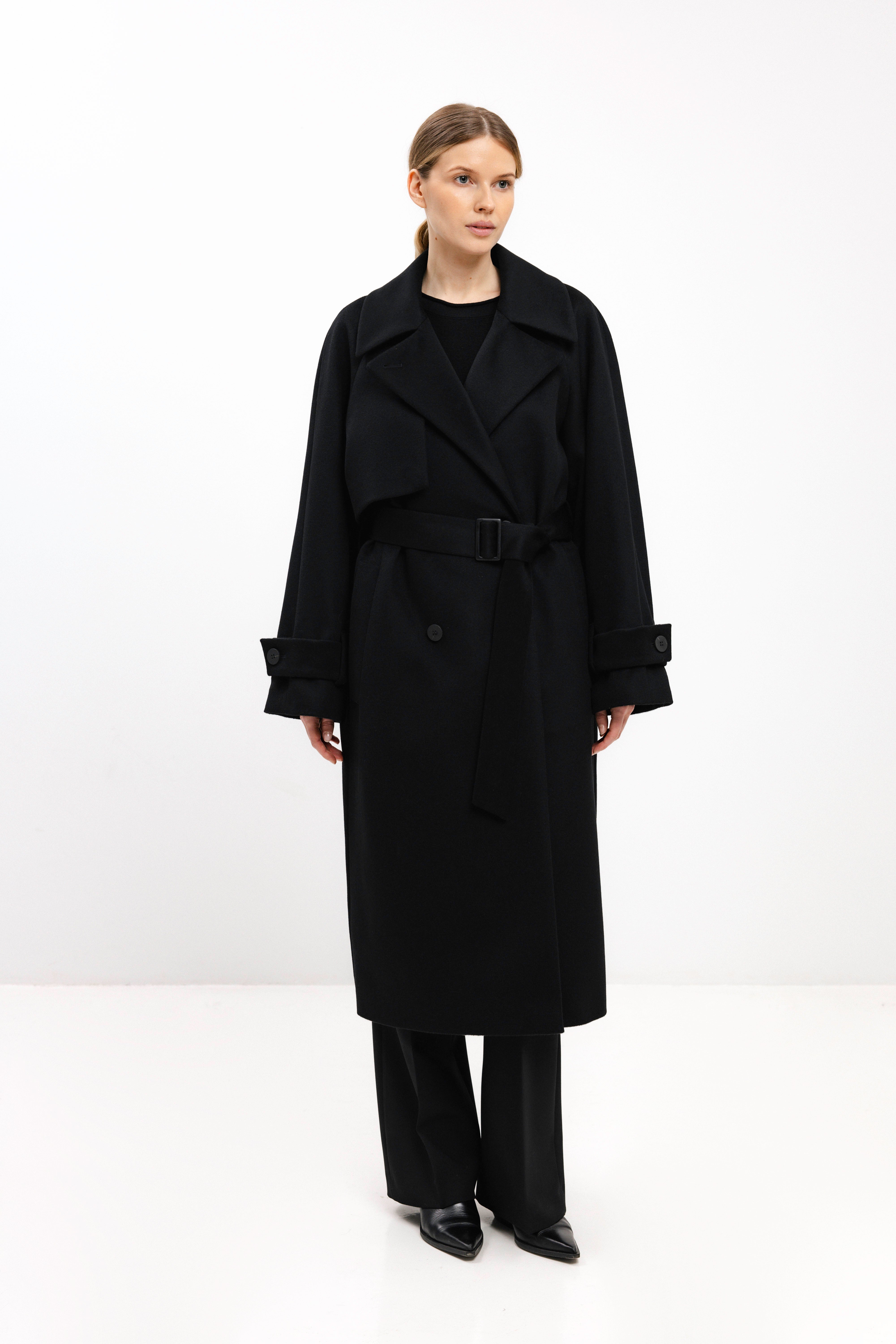 BLACK WOOL COAT WITH BELT