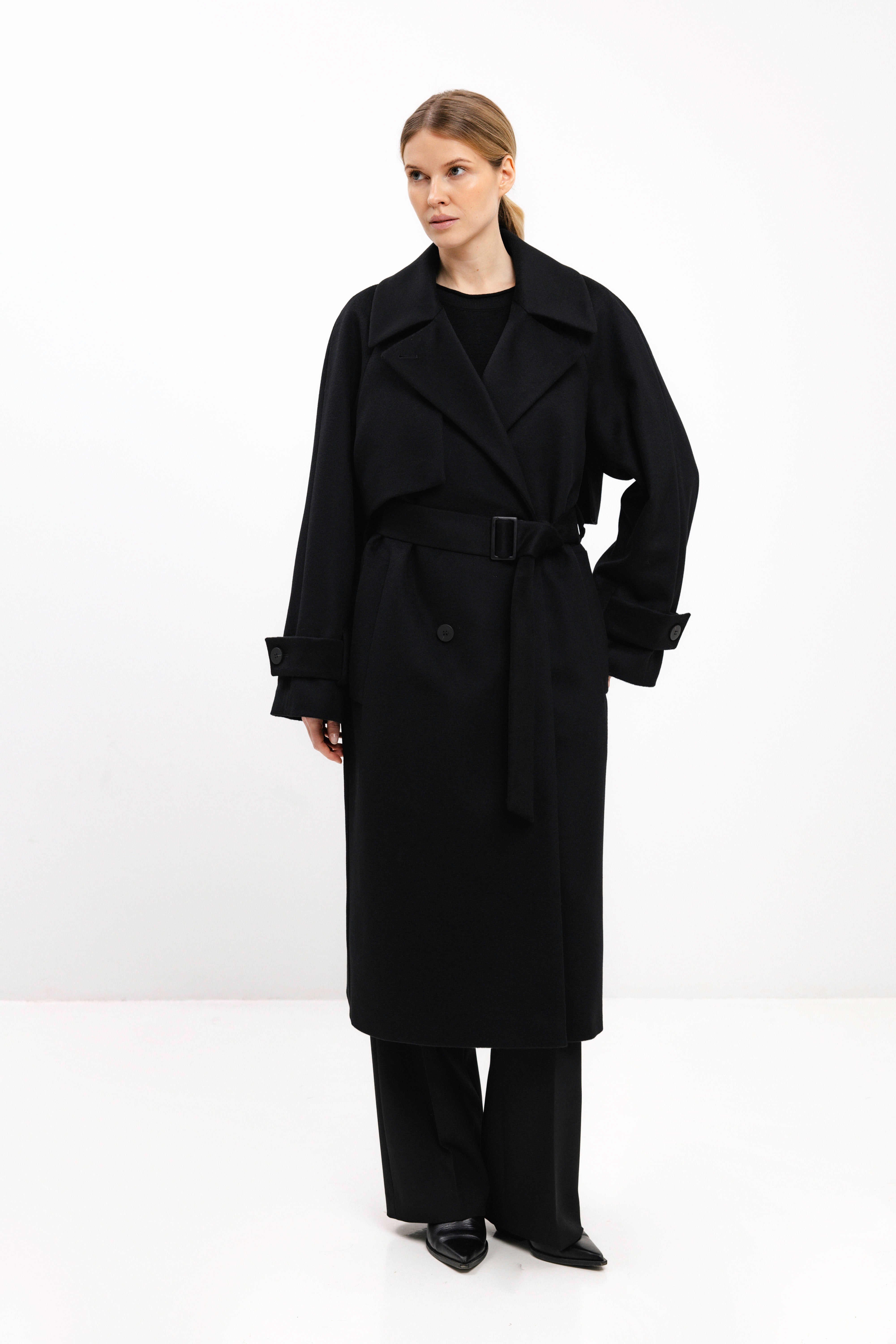 BLACK WOOL COAT WITH BELT