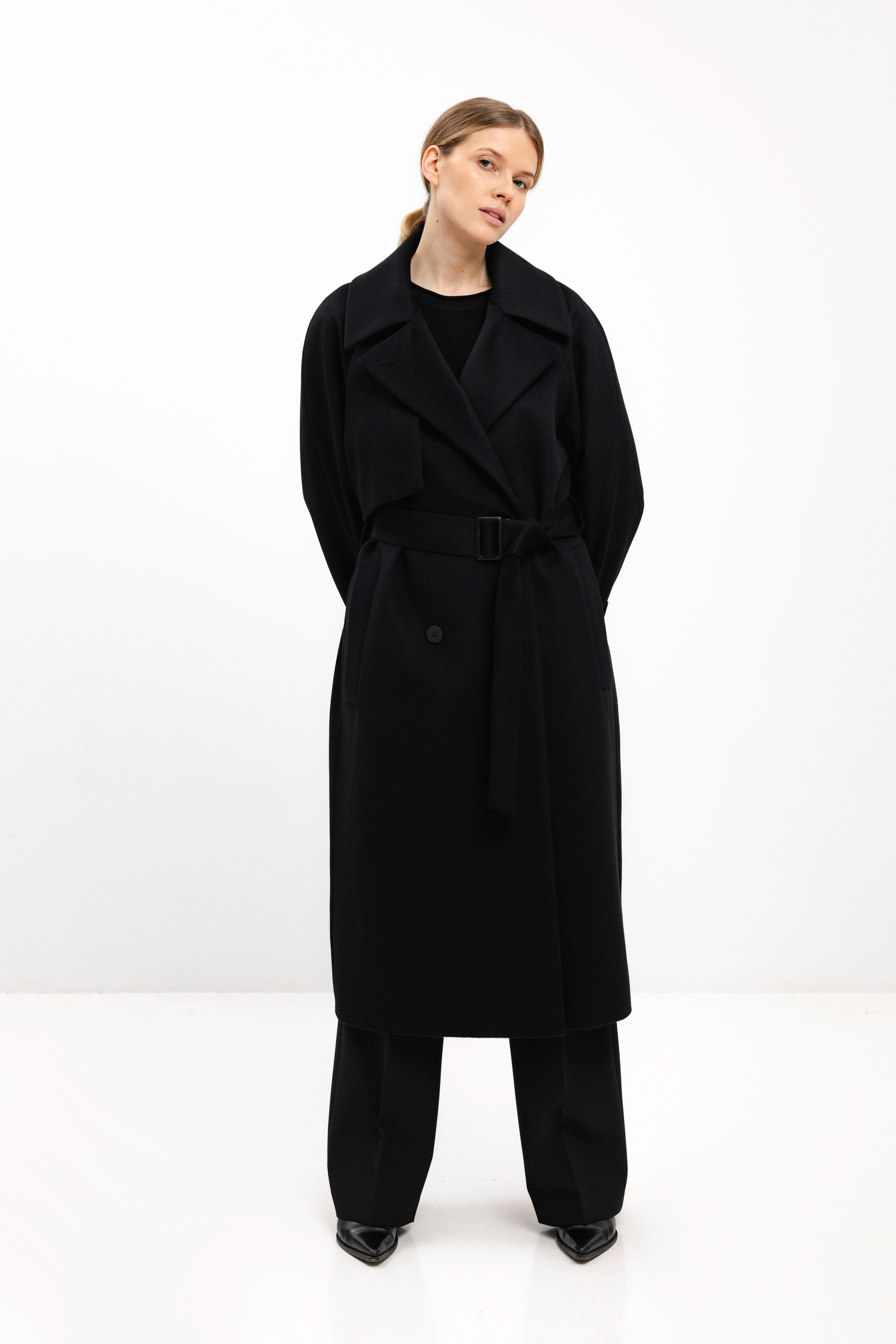 BLACK WOOL COAT WITH BELT