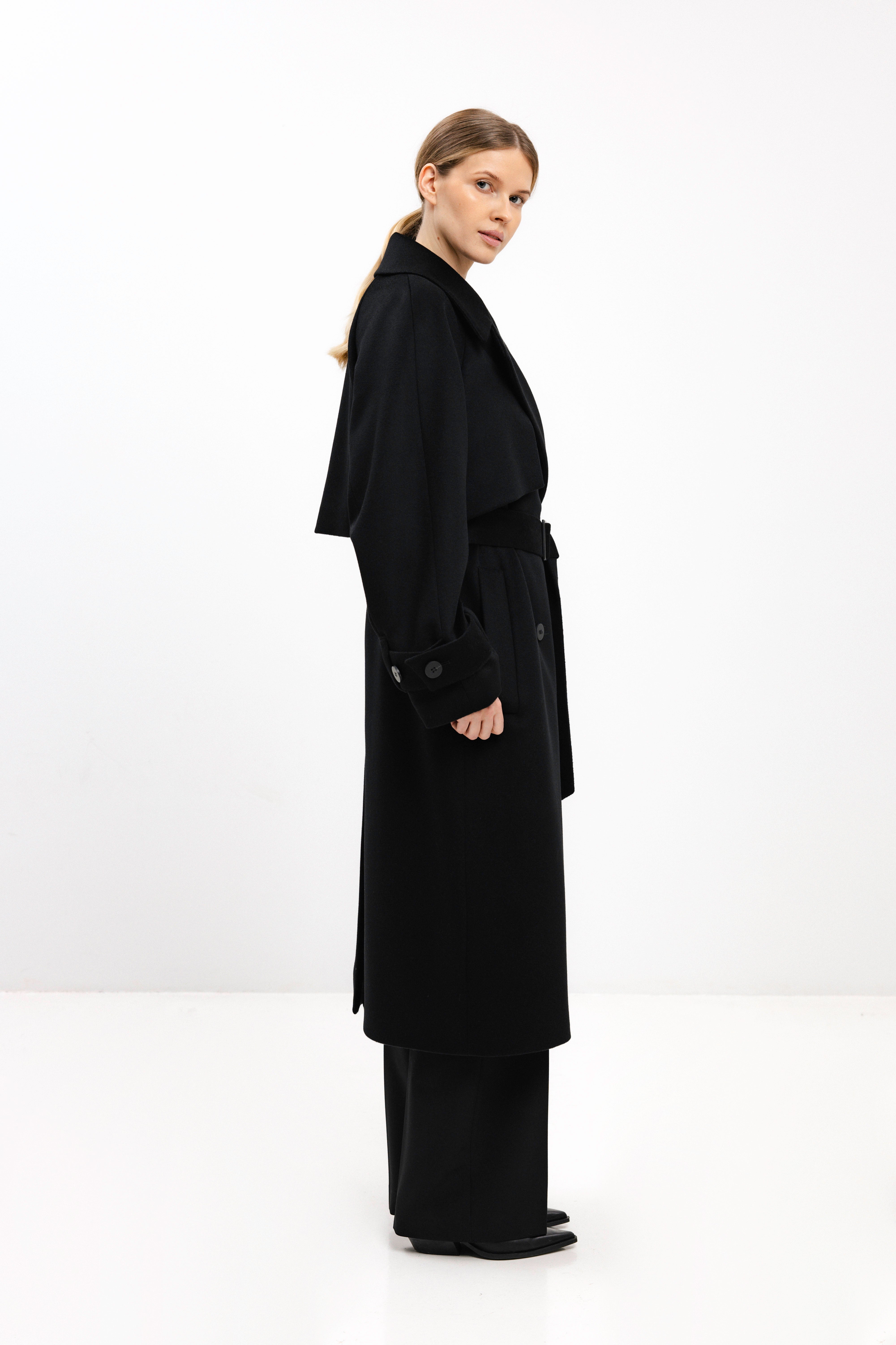 BLACK WOOL COAT WITH BELT