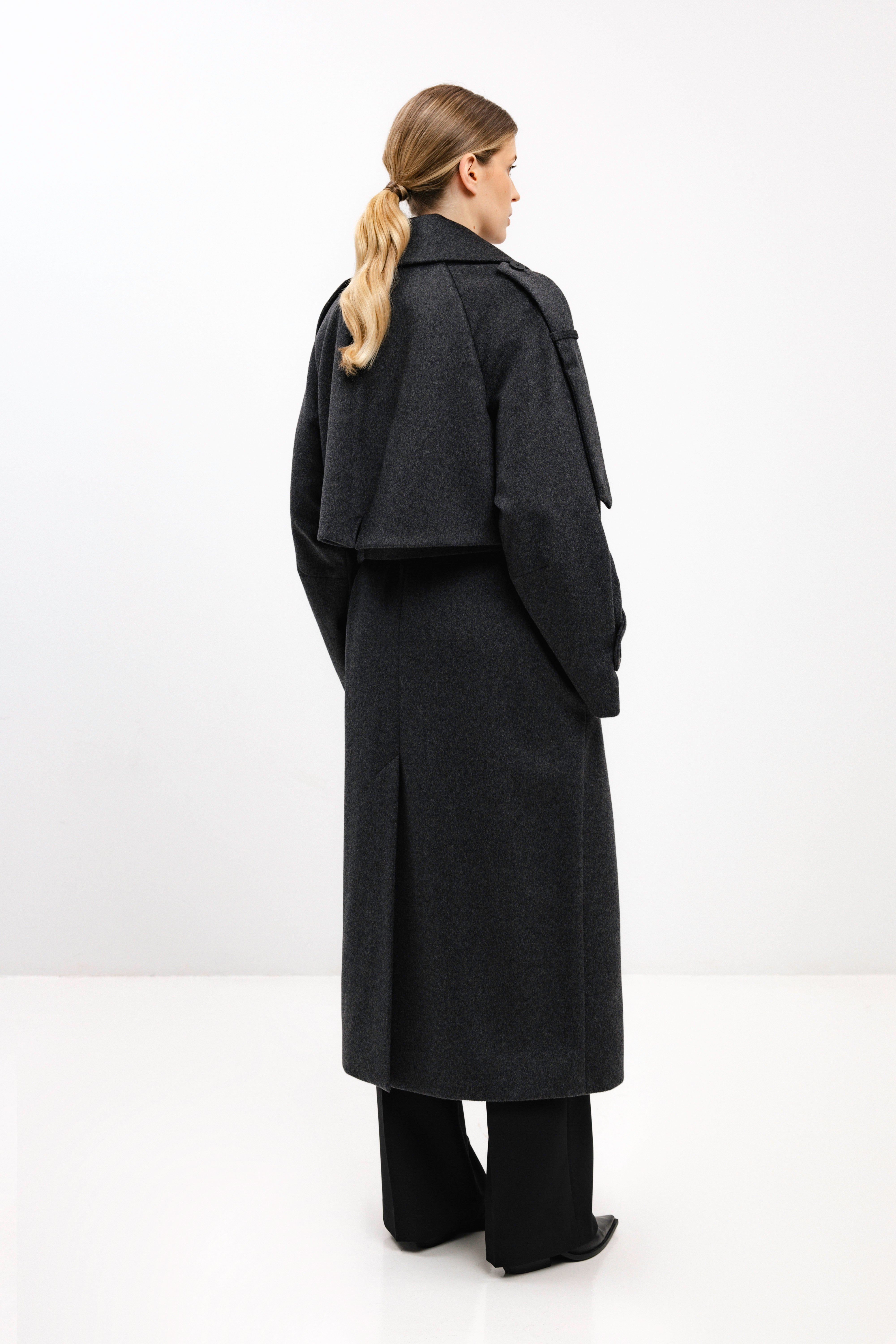LONG BELTED DARK GREY WOOL COAT