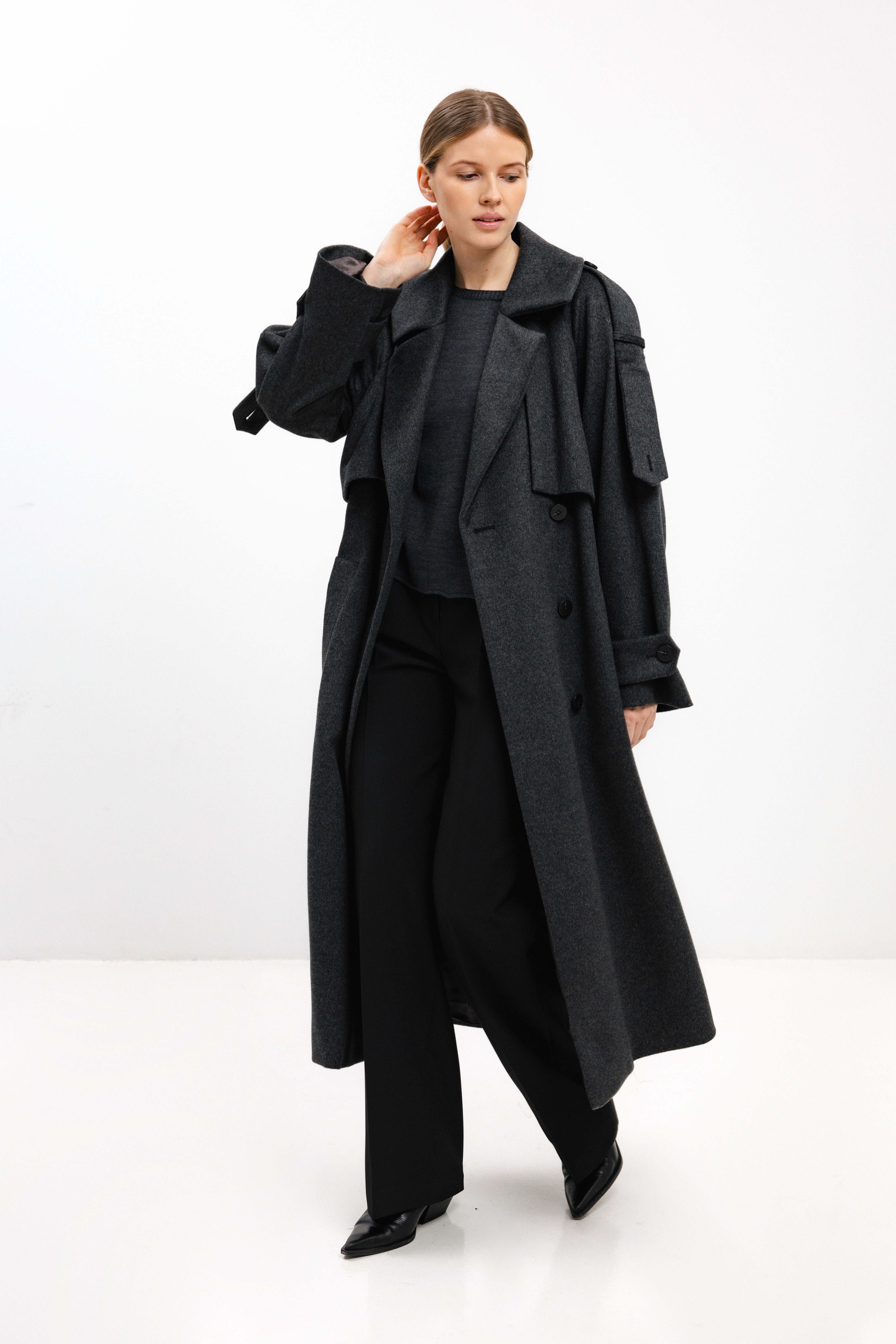 LONG BELTED DARK GREY WOOL COAT