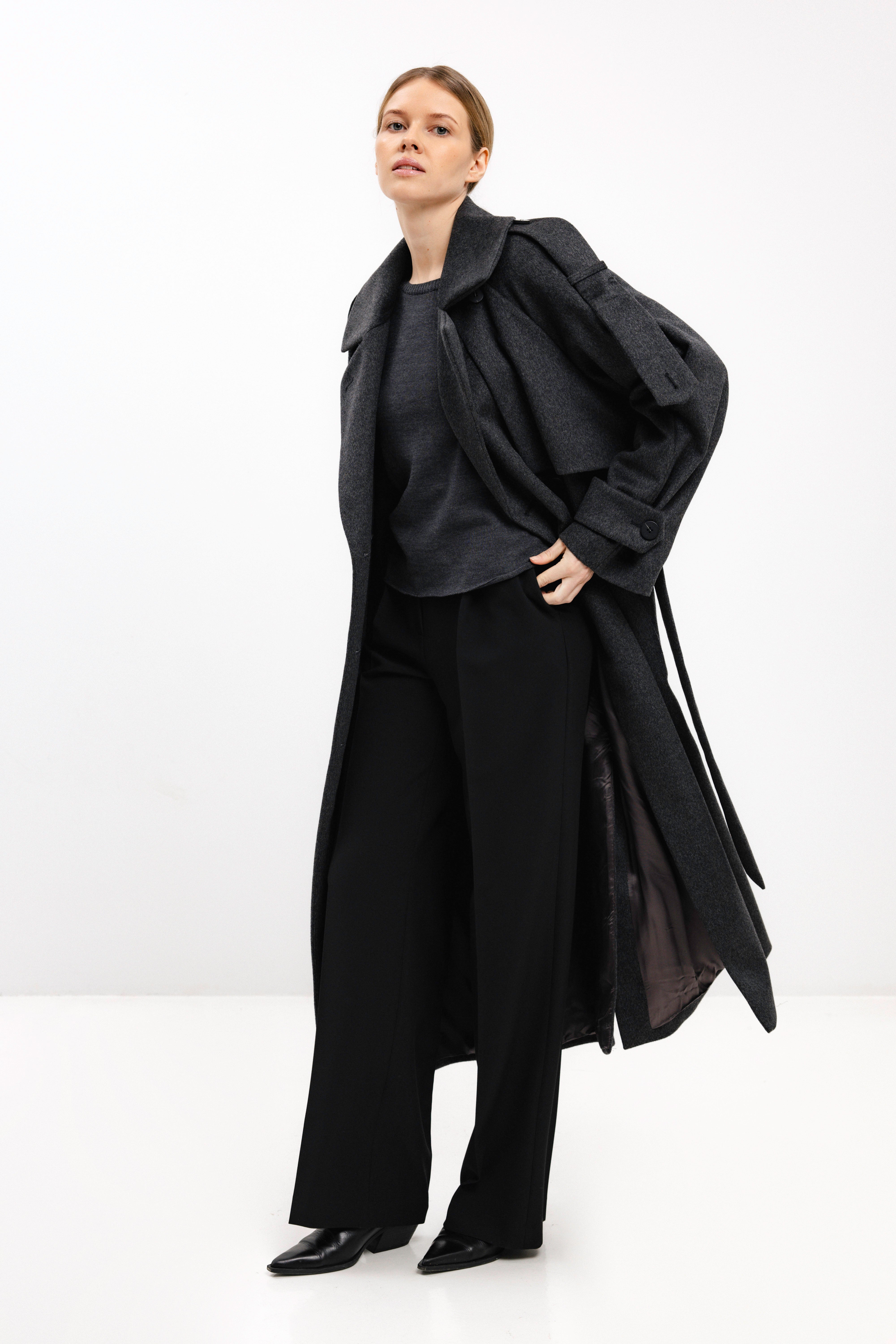 LONG BELTED DARK GREY WOOL COAT