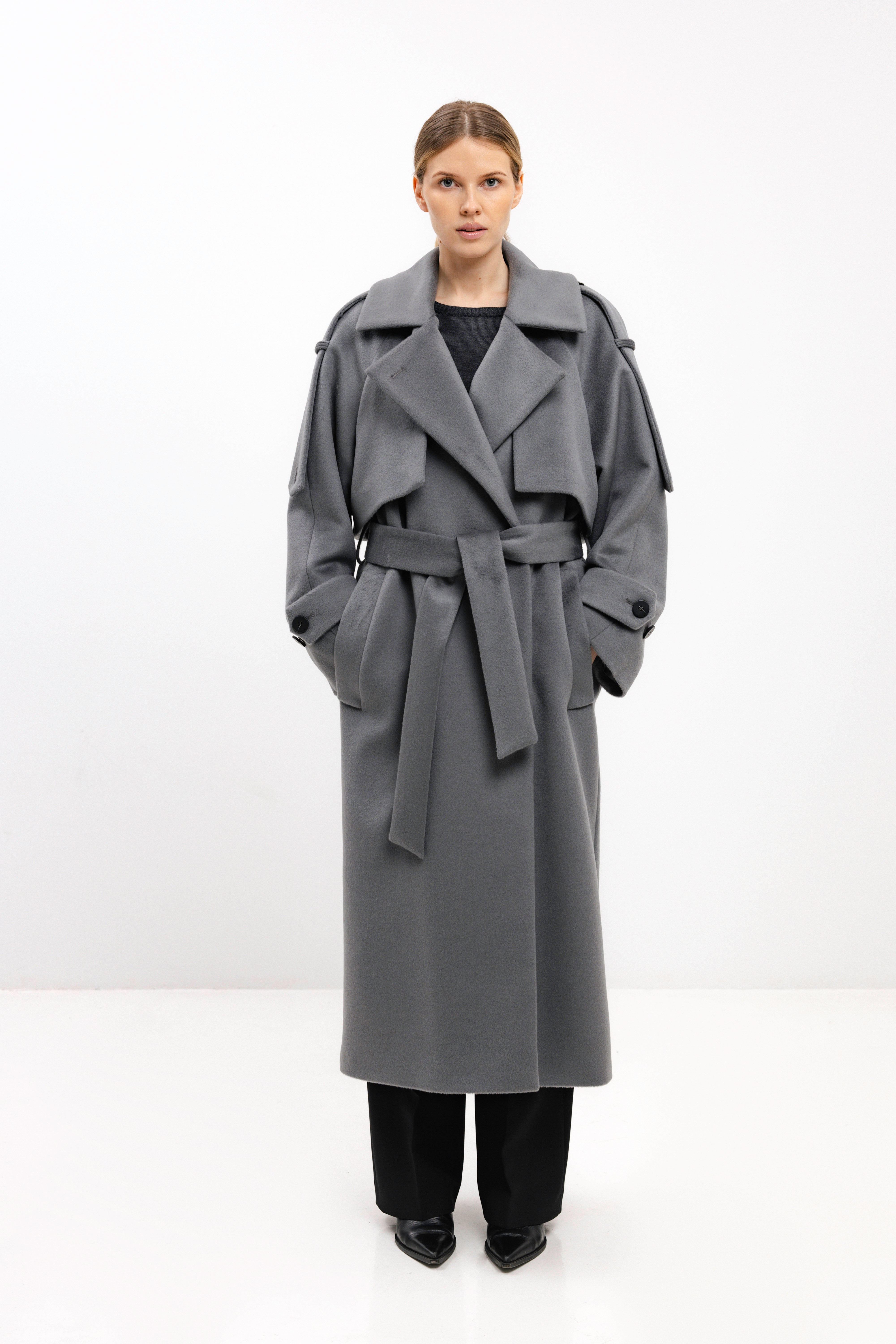 LONG BELTED LIGHT GREY WOOL COAT