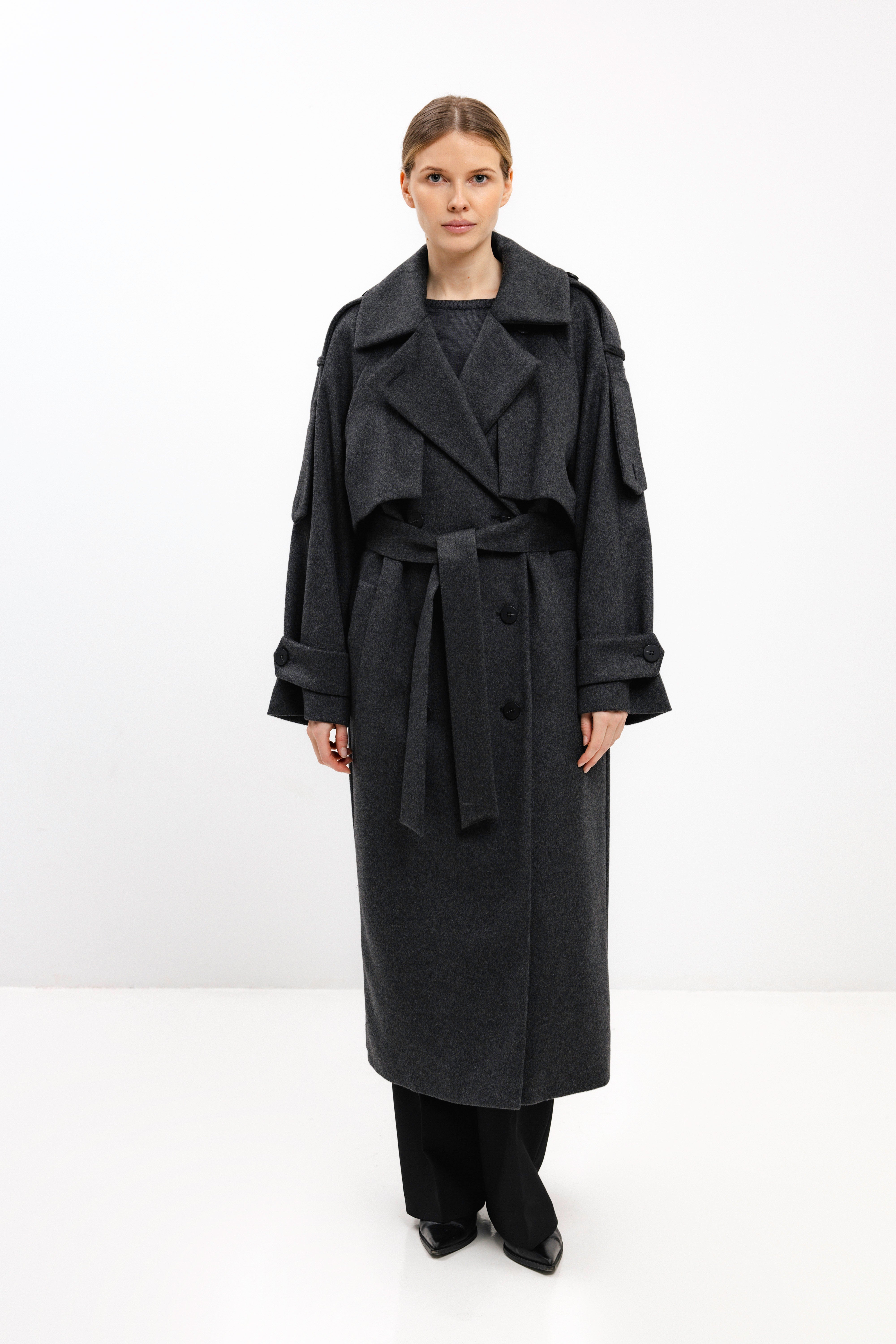 LONG BELTED DARK GREY WOOL COAT