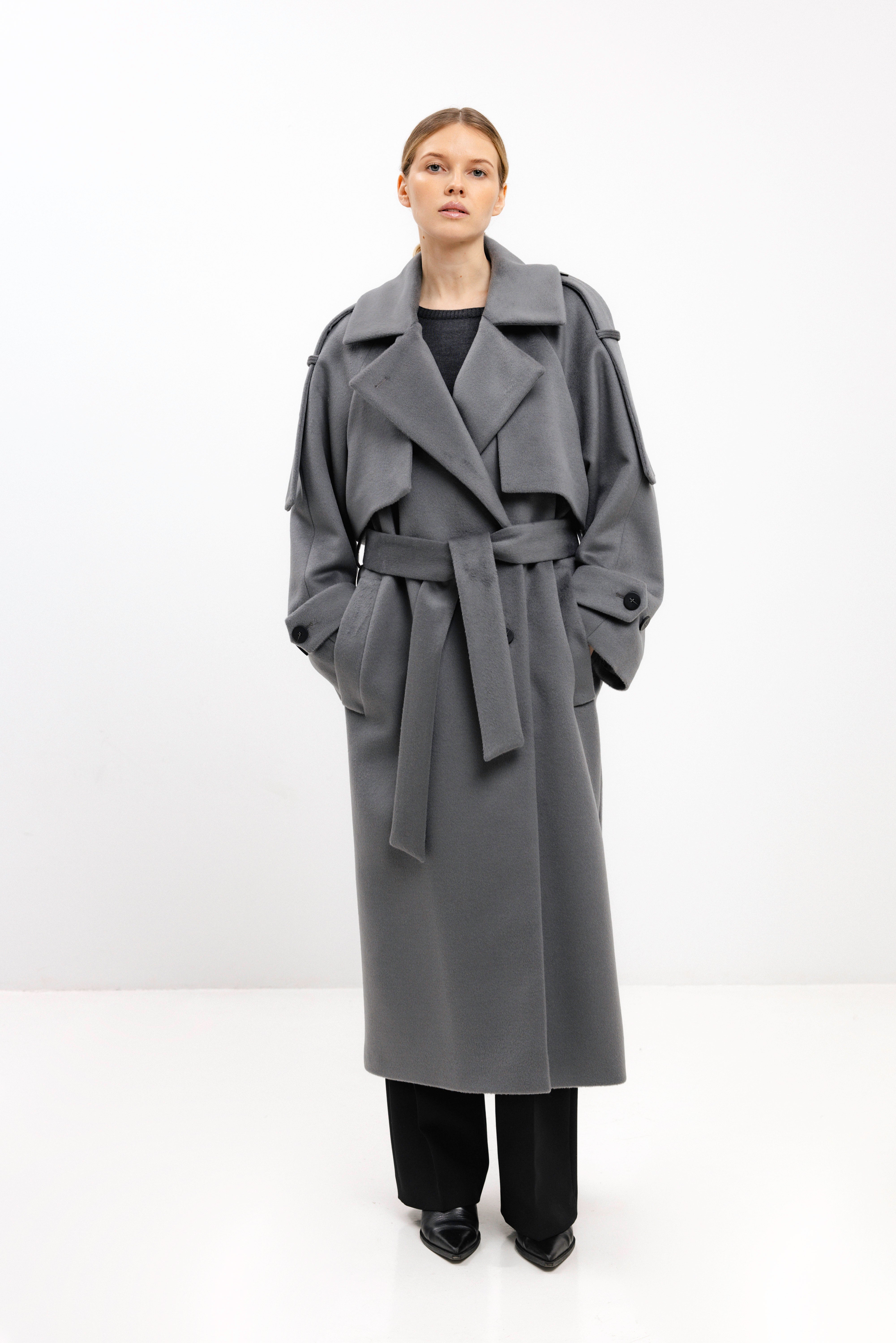 LONG BELTED LIGHT GREY WOOL COAT