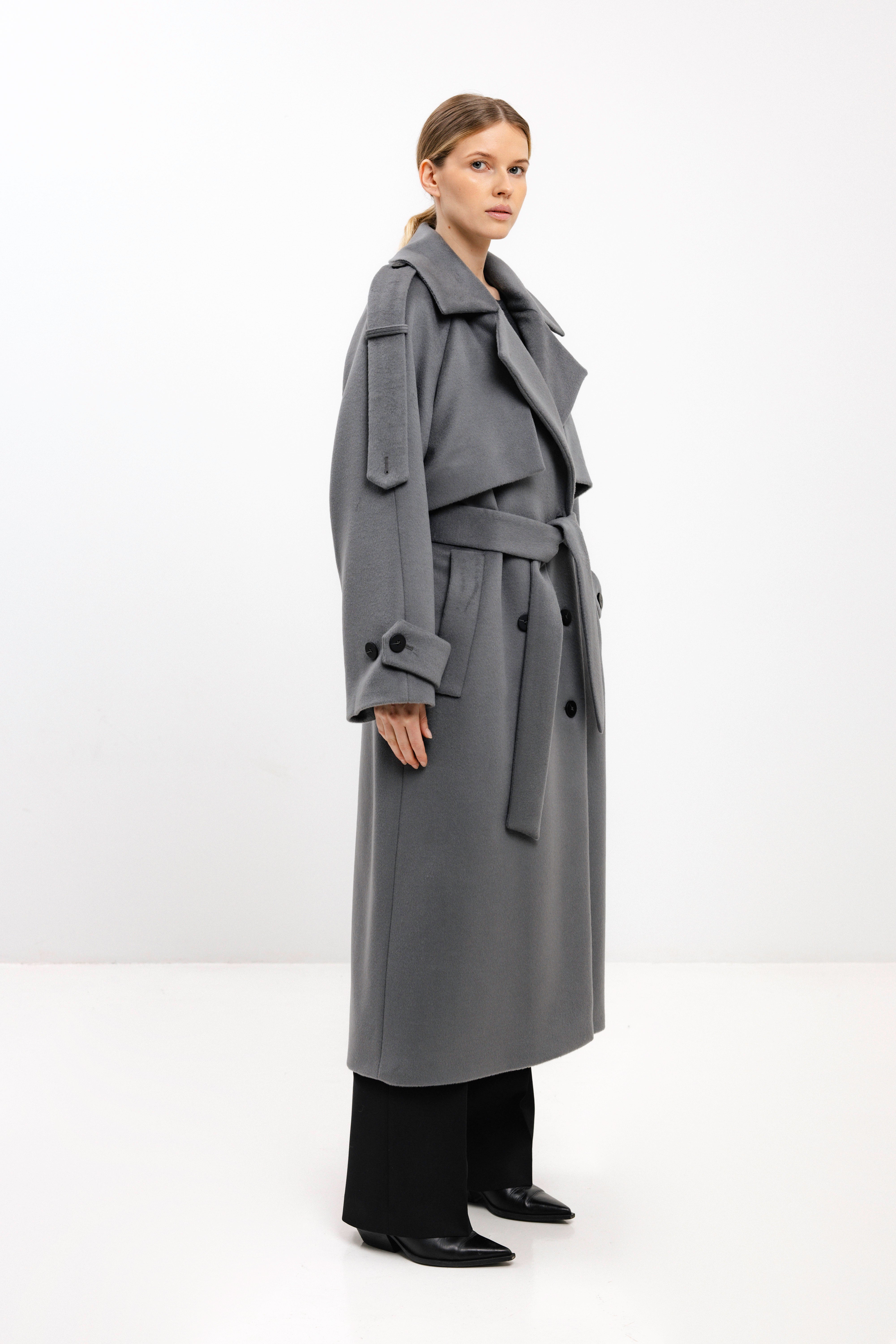 LONG BELTED LIGHT GREY WOOL COAT