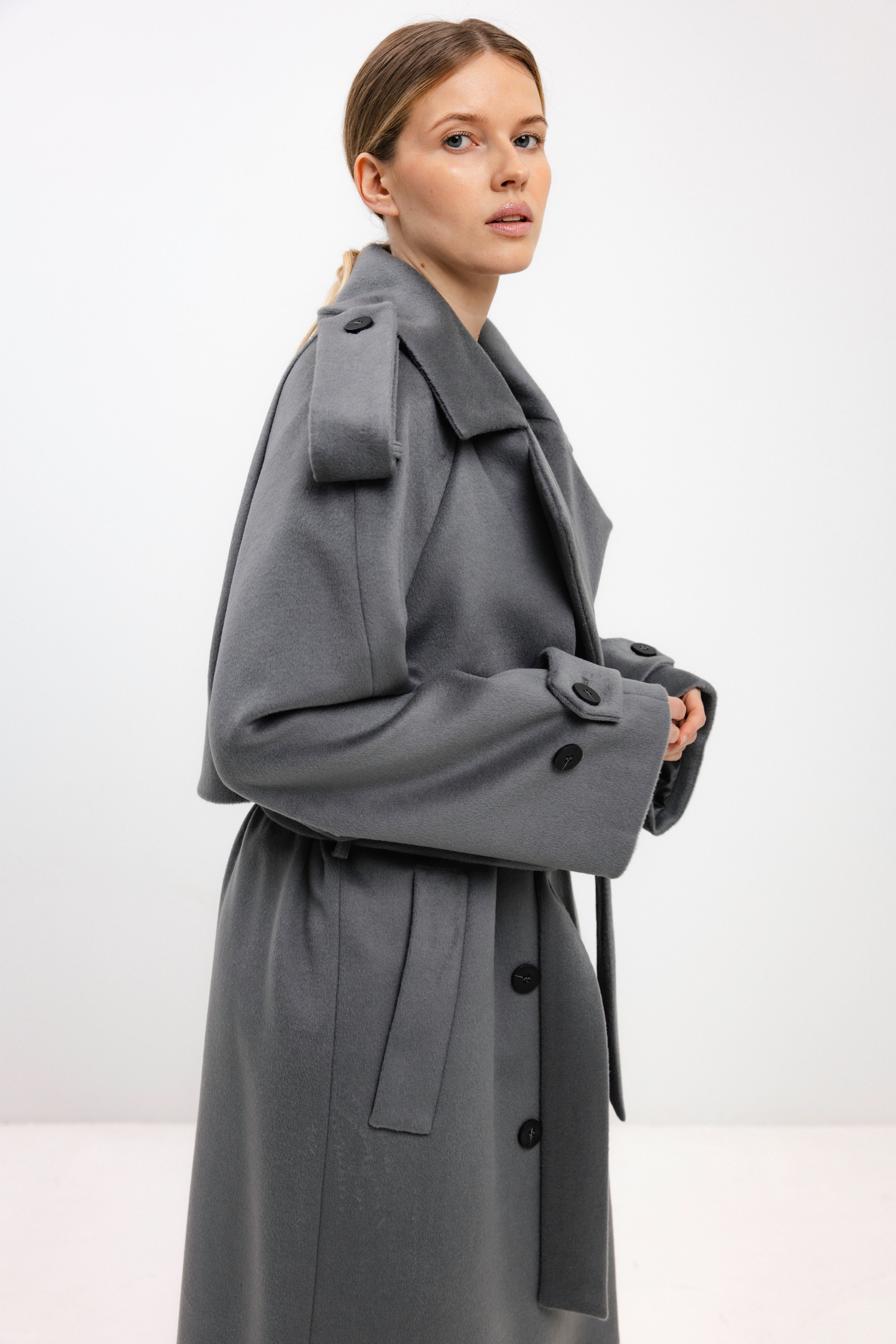 LONG BELTED LIGHT GREY WOOL COAT