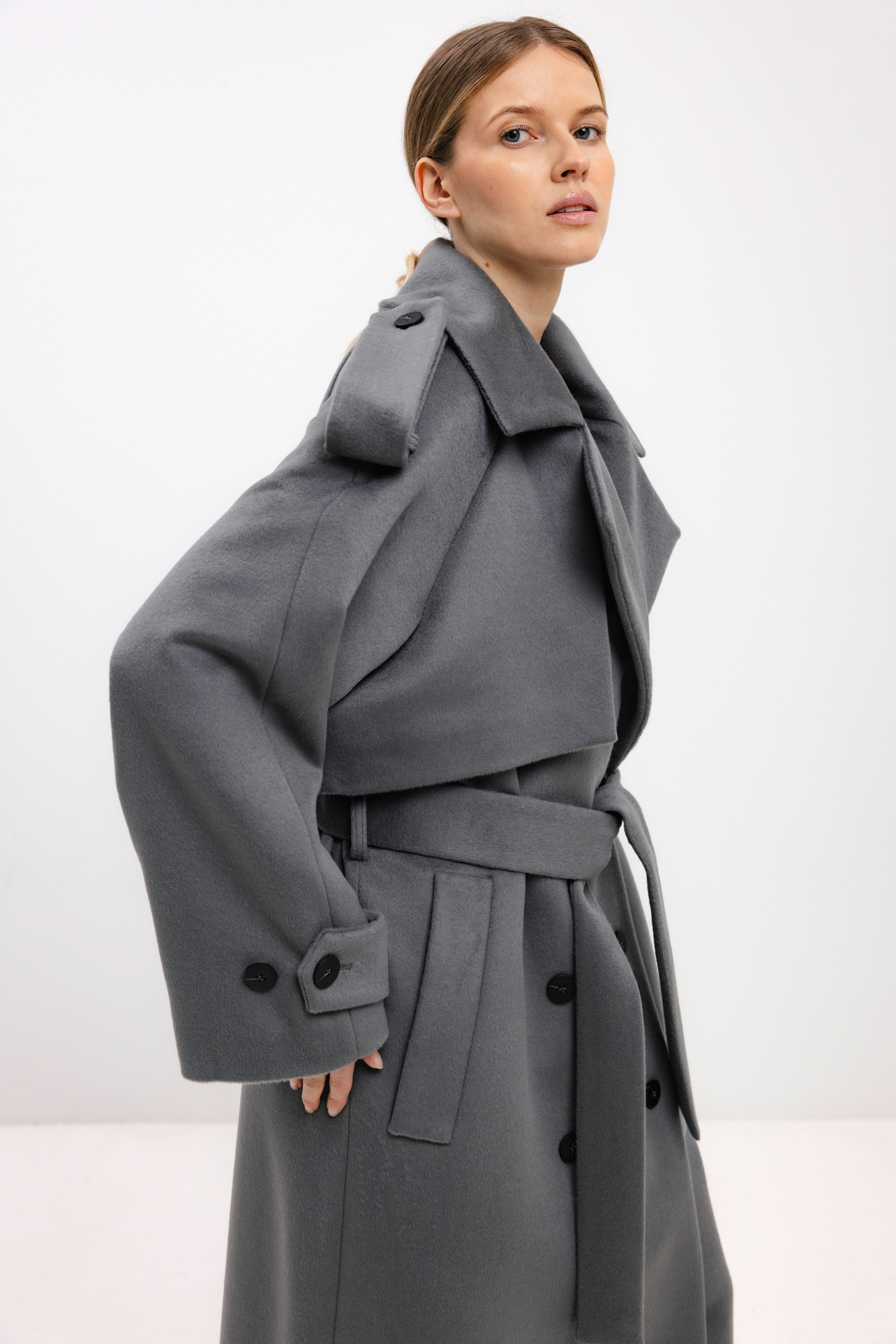 LONG BELTED LIGHT GREY WOOL COAT