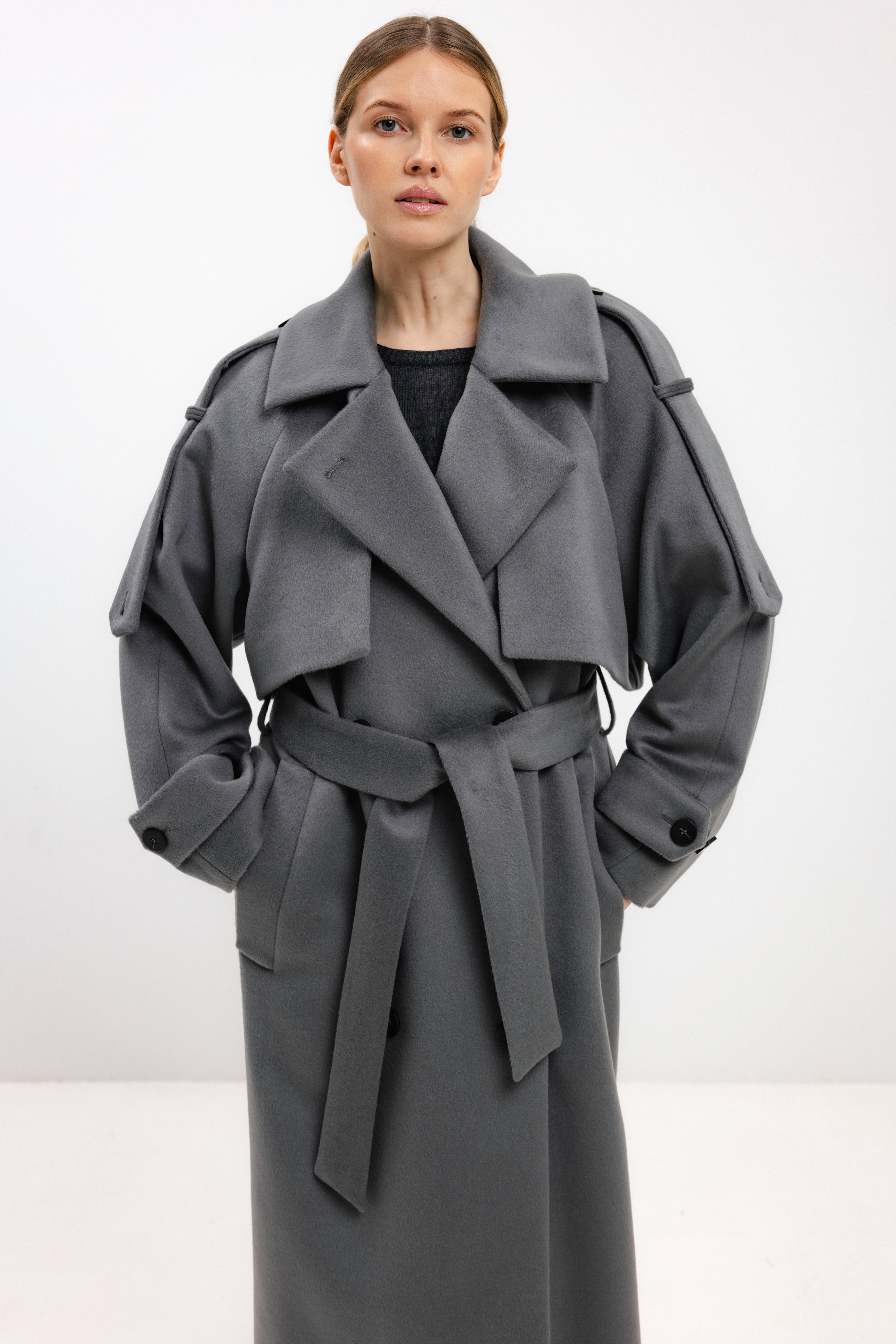 LONG BELTED LIGHT GREY WOOL COAT