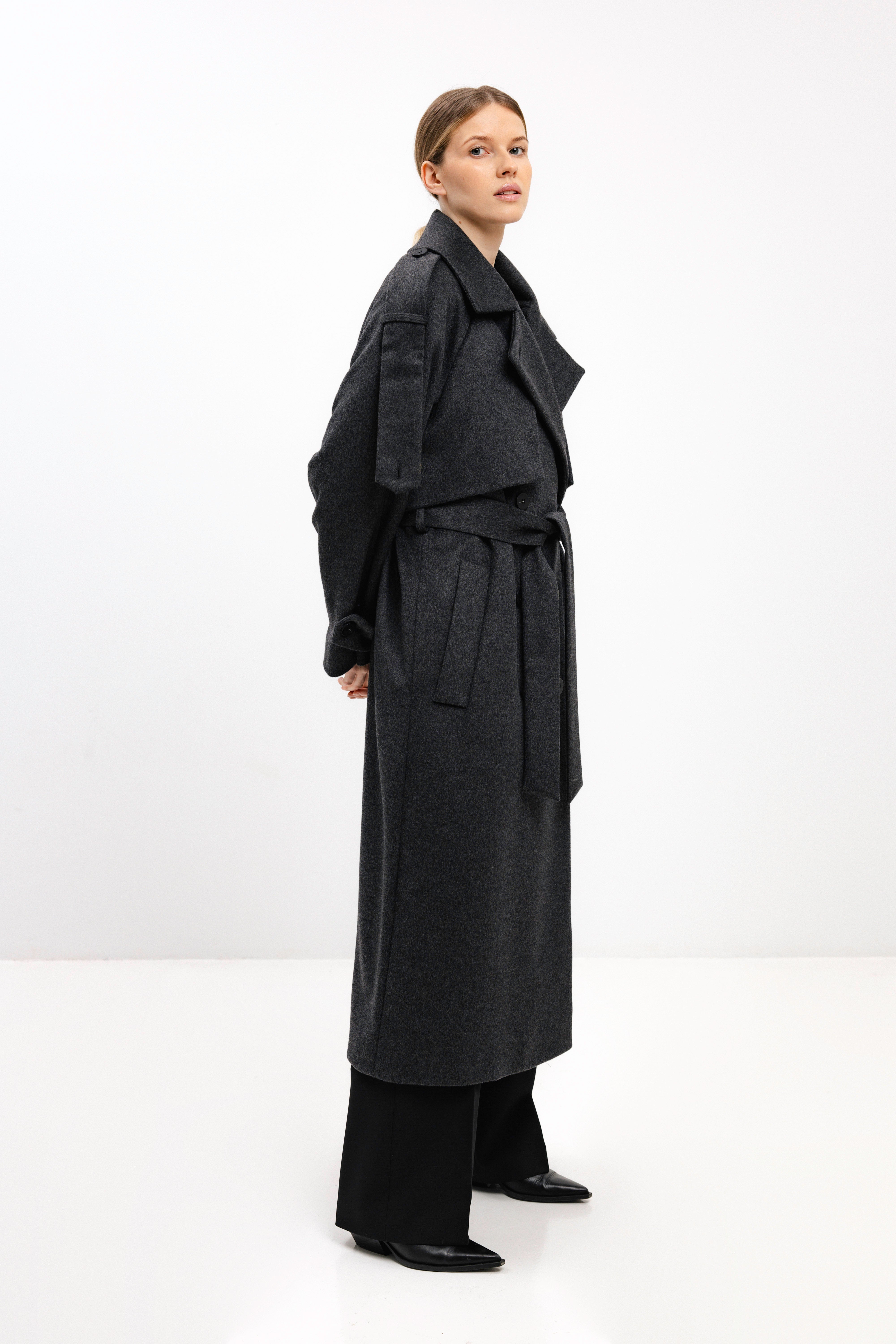 LONG BELTED DARK GREY WOOL COAT