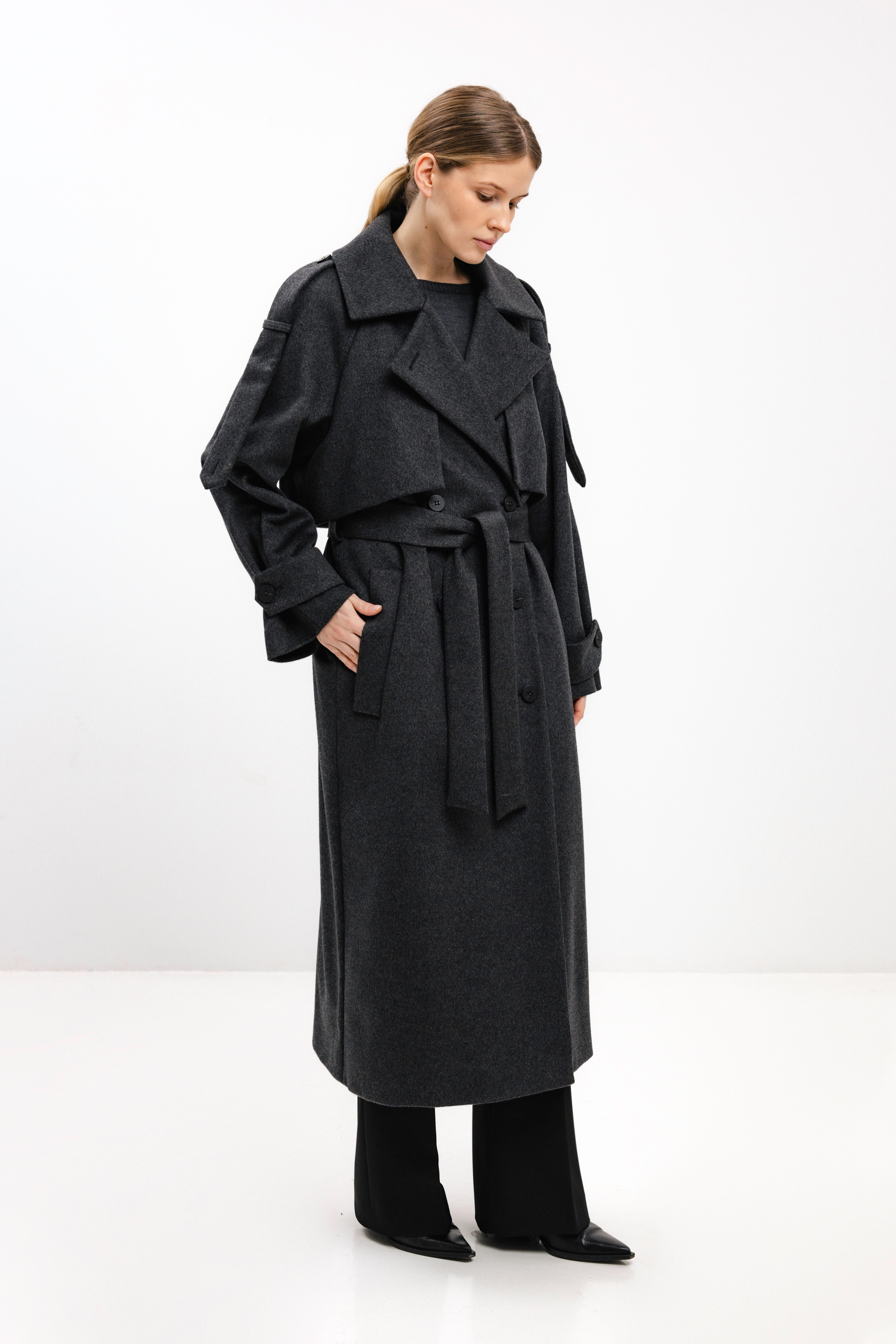 LONG BELTED DARK GREY WOOL COAT